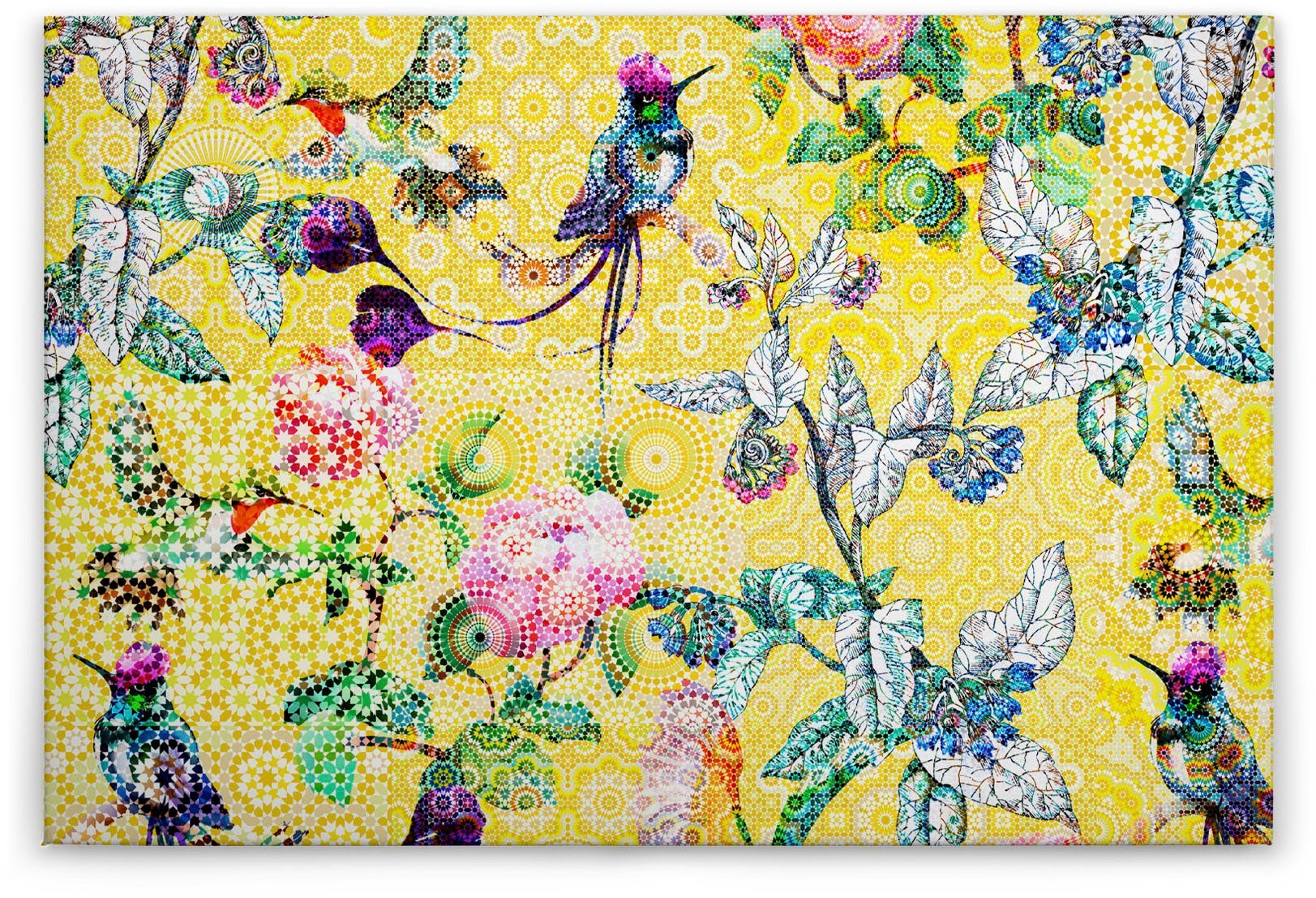 Keilrahmen exotic St), A.S. Leinwandbild Floral Mosaik Bild grün, Création Vögel mosaic, Blumen (1 blau Vögel gelb,