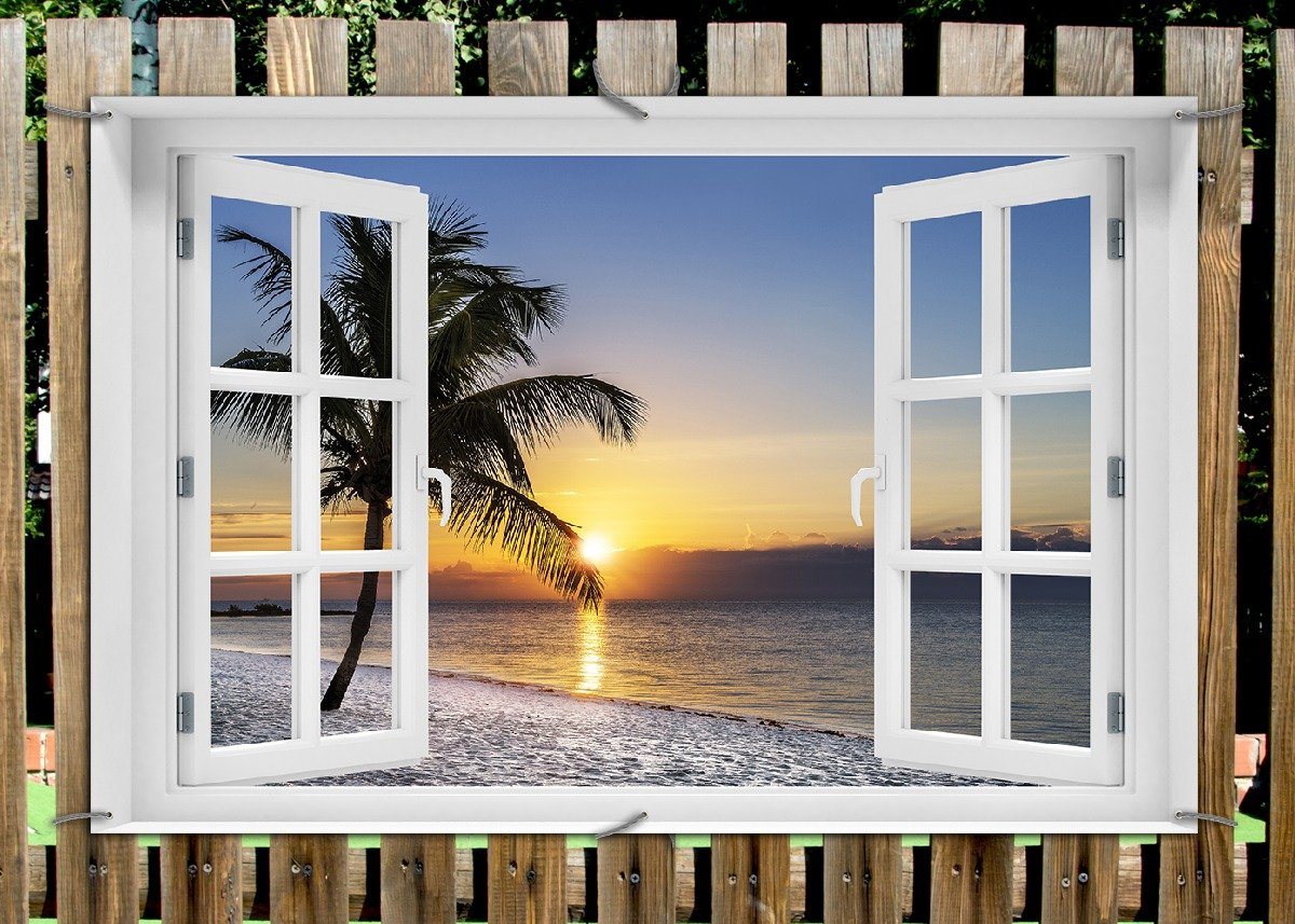 Thumbnail - Wallario Sichtschutzzaunmatten Palme am Strand - Sonnenuntergang über dem Meer, mit Fenster-Illusion