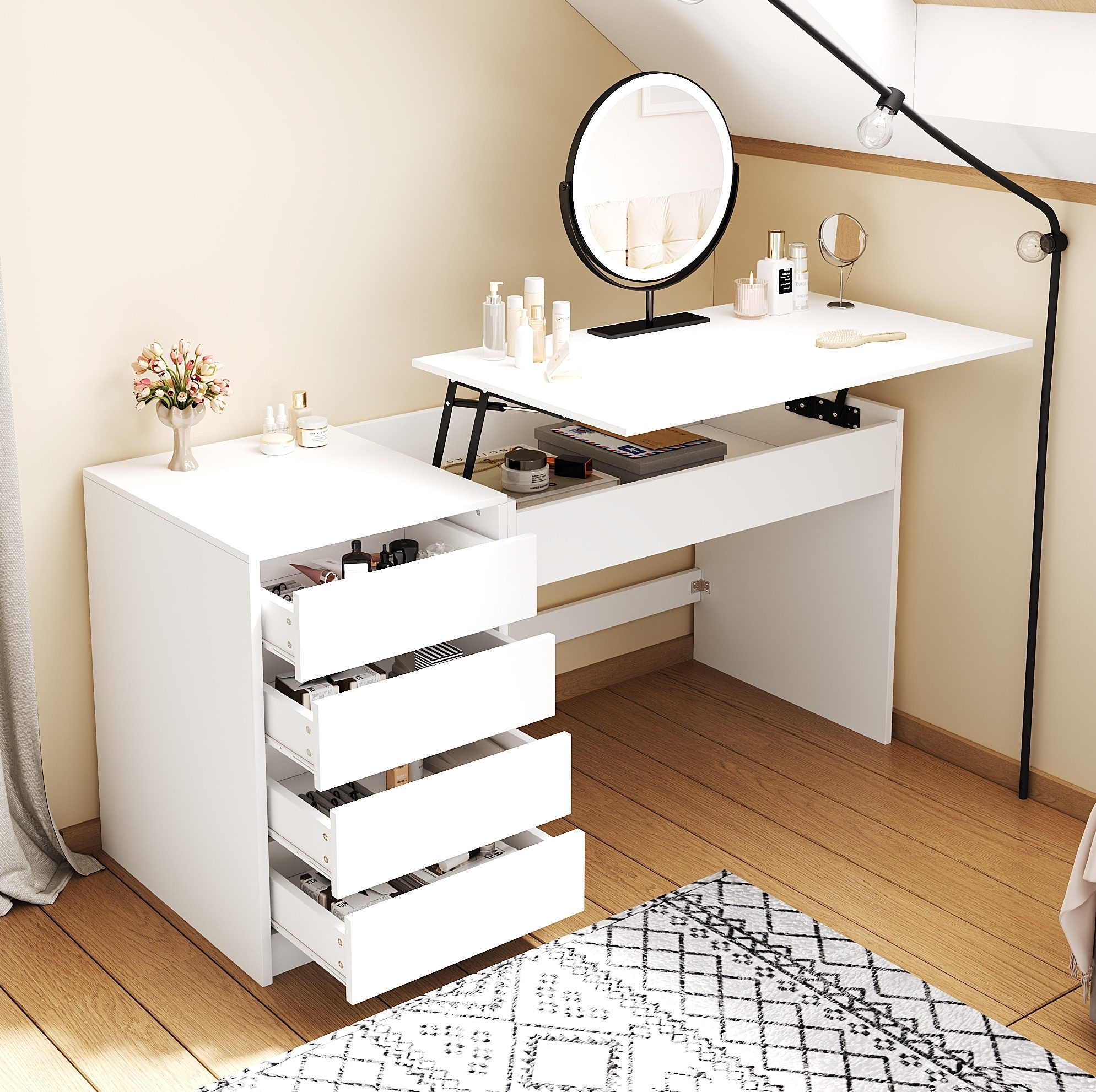 MODFU Schreibtisch Großer Arbeitstisch mit viel Stauraum (Packung, 1-St., Weiß, höhenverstellbar, verstecktes Fach), 120×78–92×50 cm, 4 Schubladen