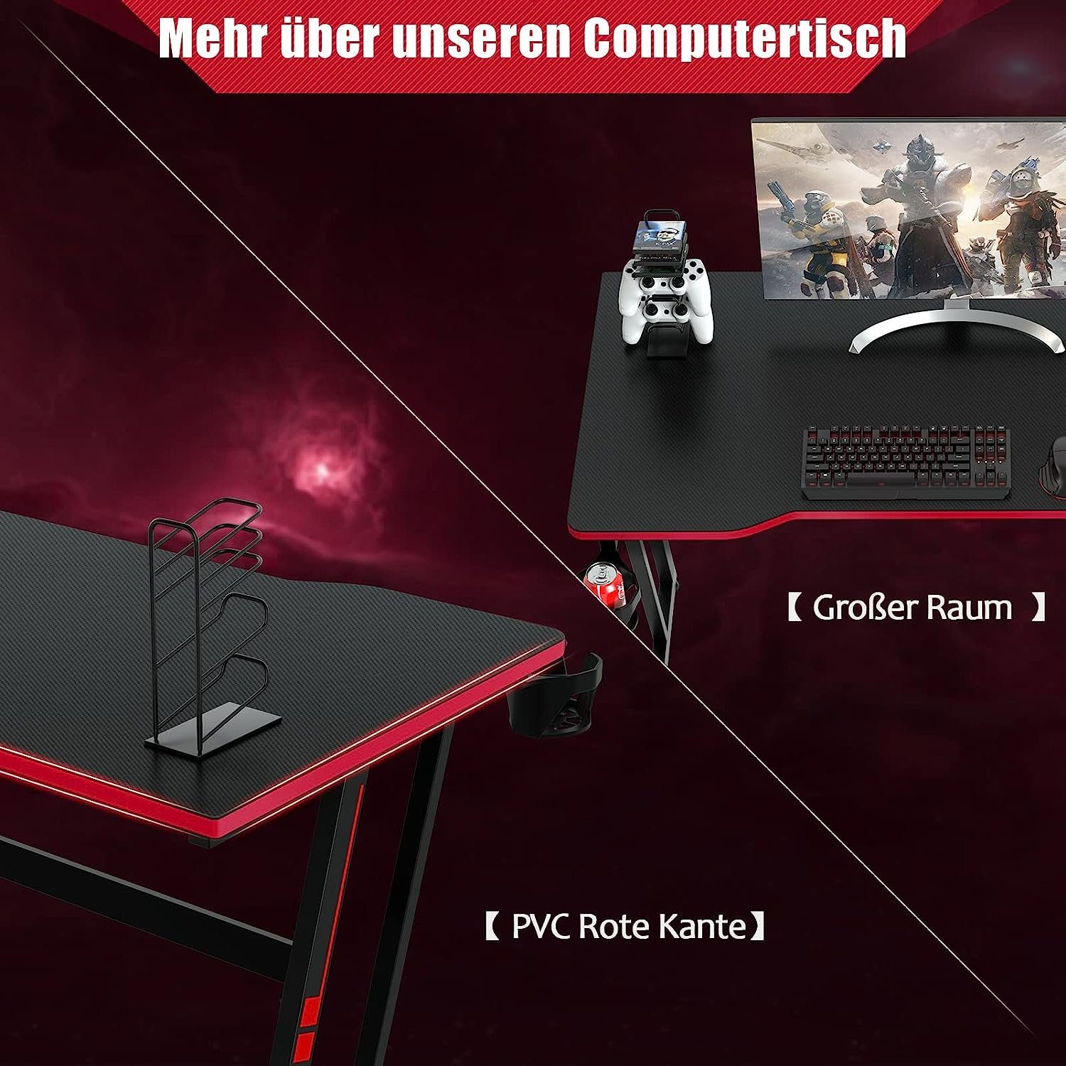 aus × Gamingtisch KOMFOTTEU PC-Tisch Computertisch, Metall, 120 Holz 60 & rot+schwarz cm