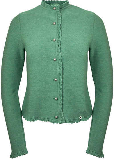 Huber Mode & Tracht Trachtenstrickjacke Damen Jacke "Alma" mit Spitzenabschluss - Dunkelpetrol Grün, 100% Merinowolle