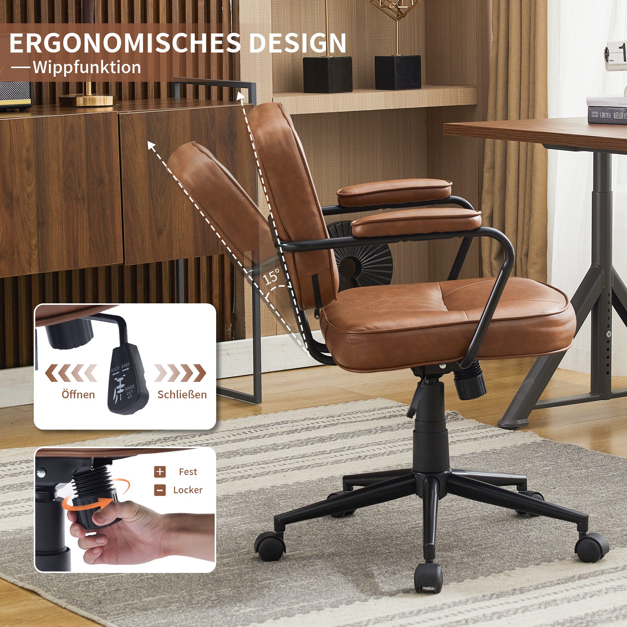 SeedWave Bürostuhl mit Wippfunktion PU-Leder Drehstuhl Gepolstert im modernen Retro-Stil, Höhenverstellbarer Schreibtischstuhl für Home Office