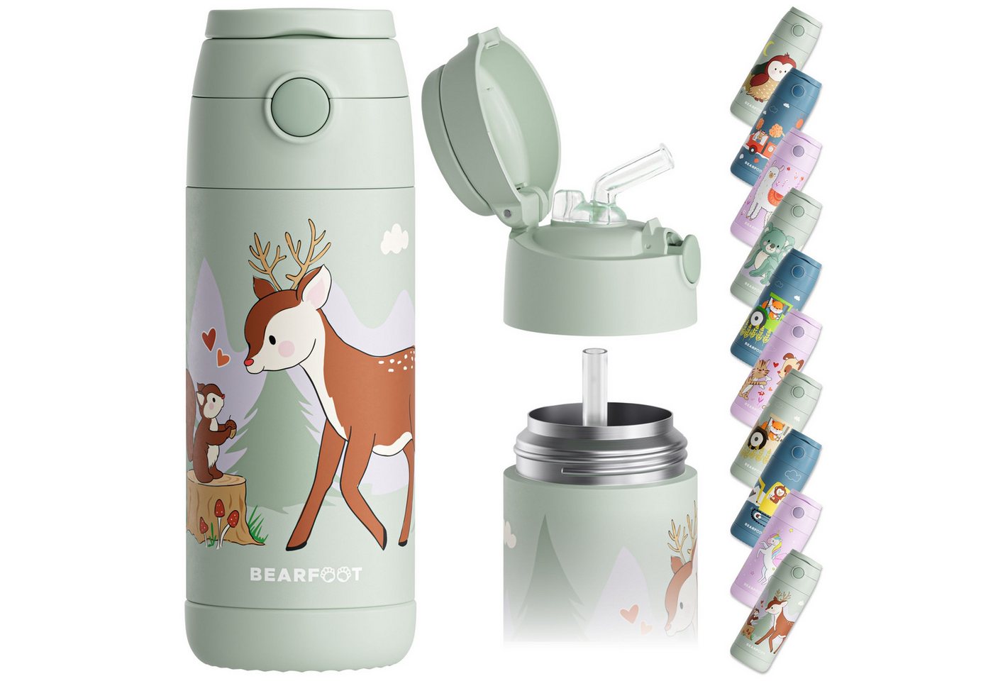 BEARFOOT Trinkflasche Thermo Kinder Trinkflasche Edelstahl - Reh grün, Thermosflasche, auslaufsicher, Edelstahl, Kinderflasche, BPA-frei
