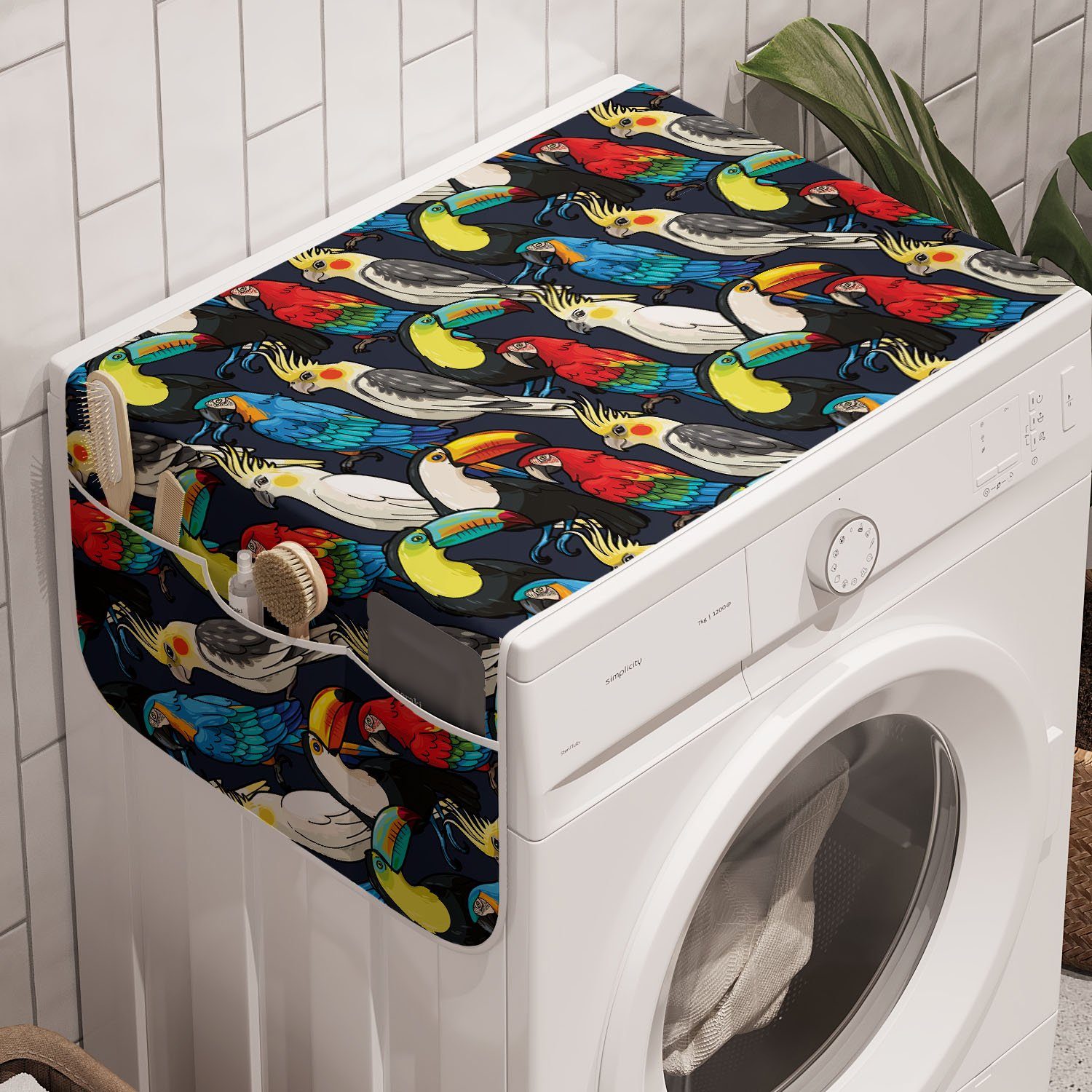Abakuhaus Badorganizer Anti-Rutsch-Stoffabdeckung für Waschmaschine und Trockner, Papagei Exotische Bunte Vögel Kunst