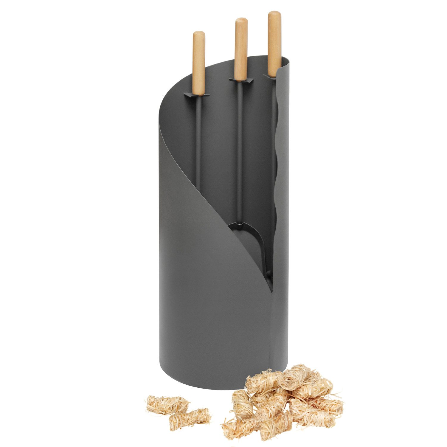 Raik Kamingarnitur Kaminbesteck 3-tlg, grau, mit Holzgriff + Kaminanzünder Ritz