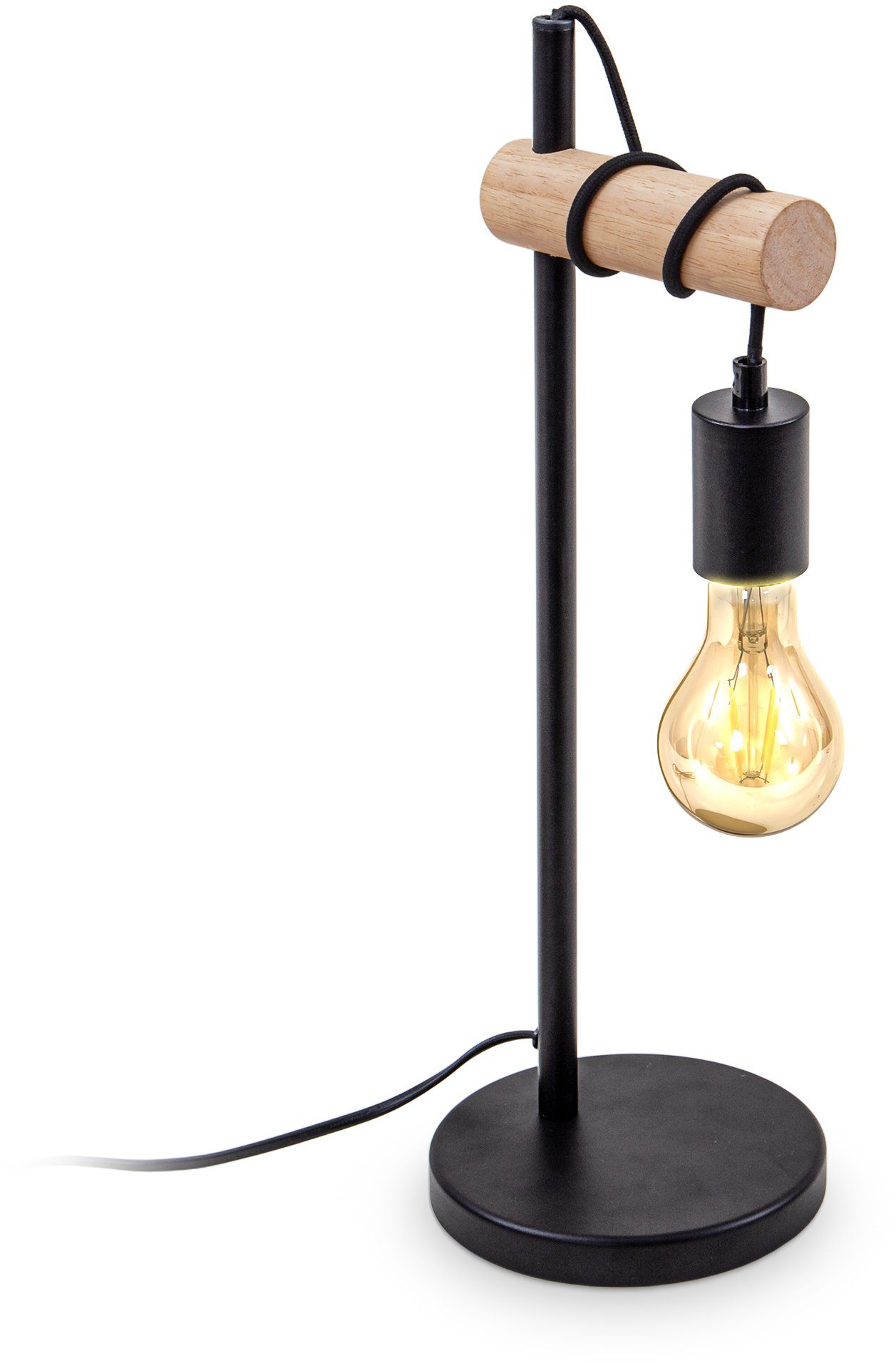 Holz, B.K.Licht Leuchtmittel, rund Stahl, Tischlampe, flammig,Industrial- ohne 1 Tischleuchte, Design, Retro,
