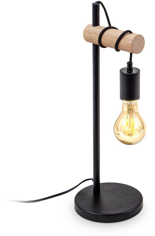 B.K.Licht Tischleuchte, ohne Leuchtmittel, Tischlampe, 1 flammig,Industrial- Design, Retro, Stahl, Holz, rund