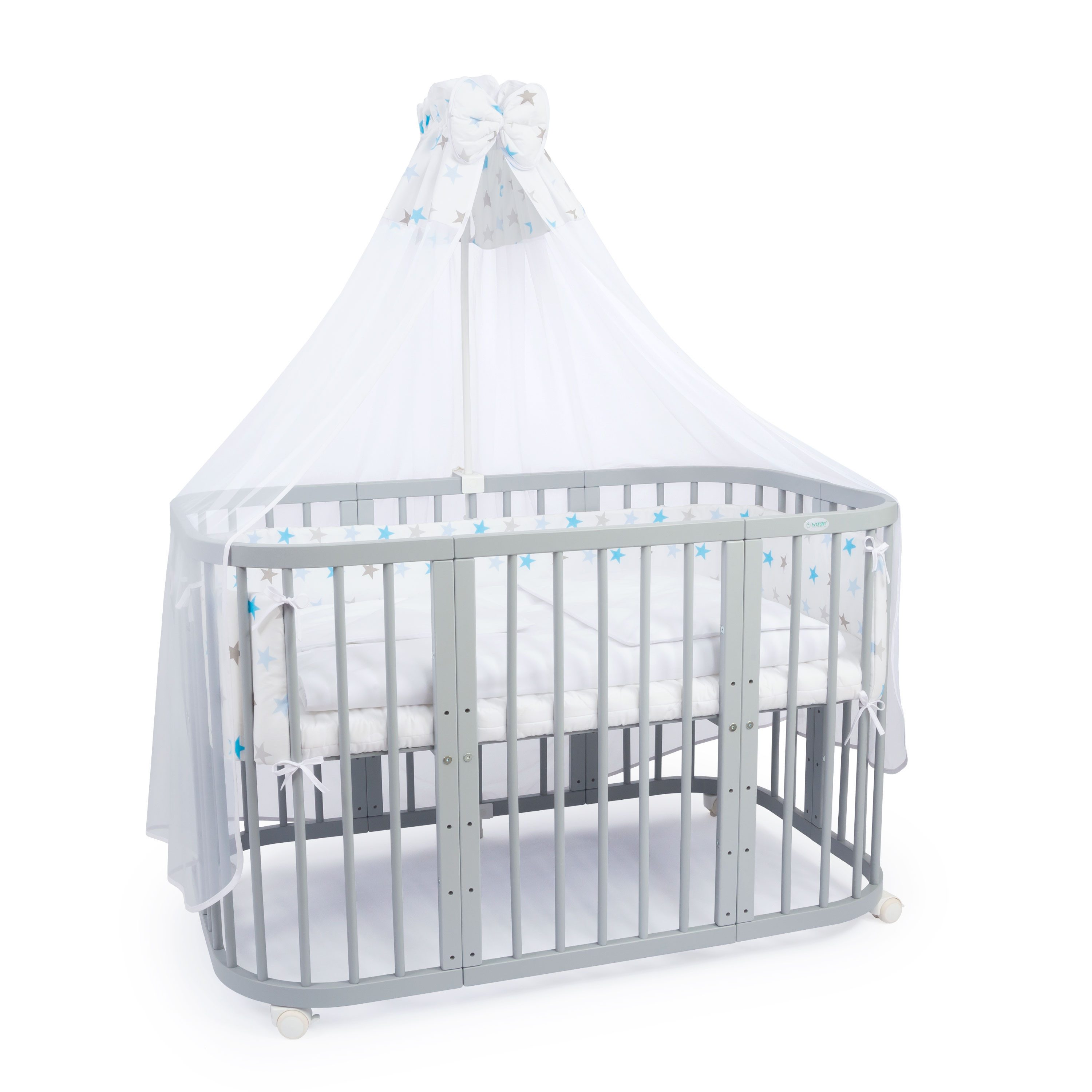 Waldin Babybett Mobiles Babybett aus Holz 7in1 mit Matratze, mitwachsend