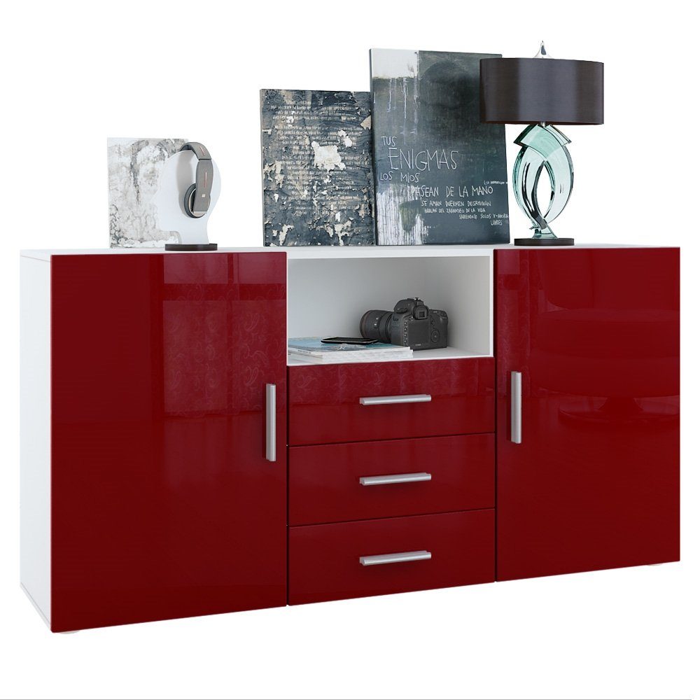 Vladon Sideboard Skadu (Kommode, mit 2 Türen, 3 Schubladen und 1 offenem Fach), Weiß matt/Bordeaux Hochglanz (138,5 x 71,5 x 35 cm)