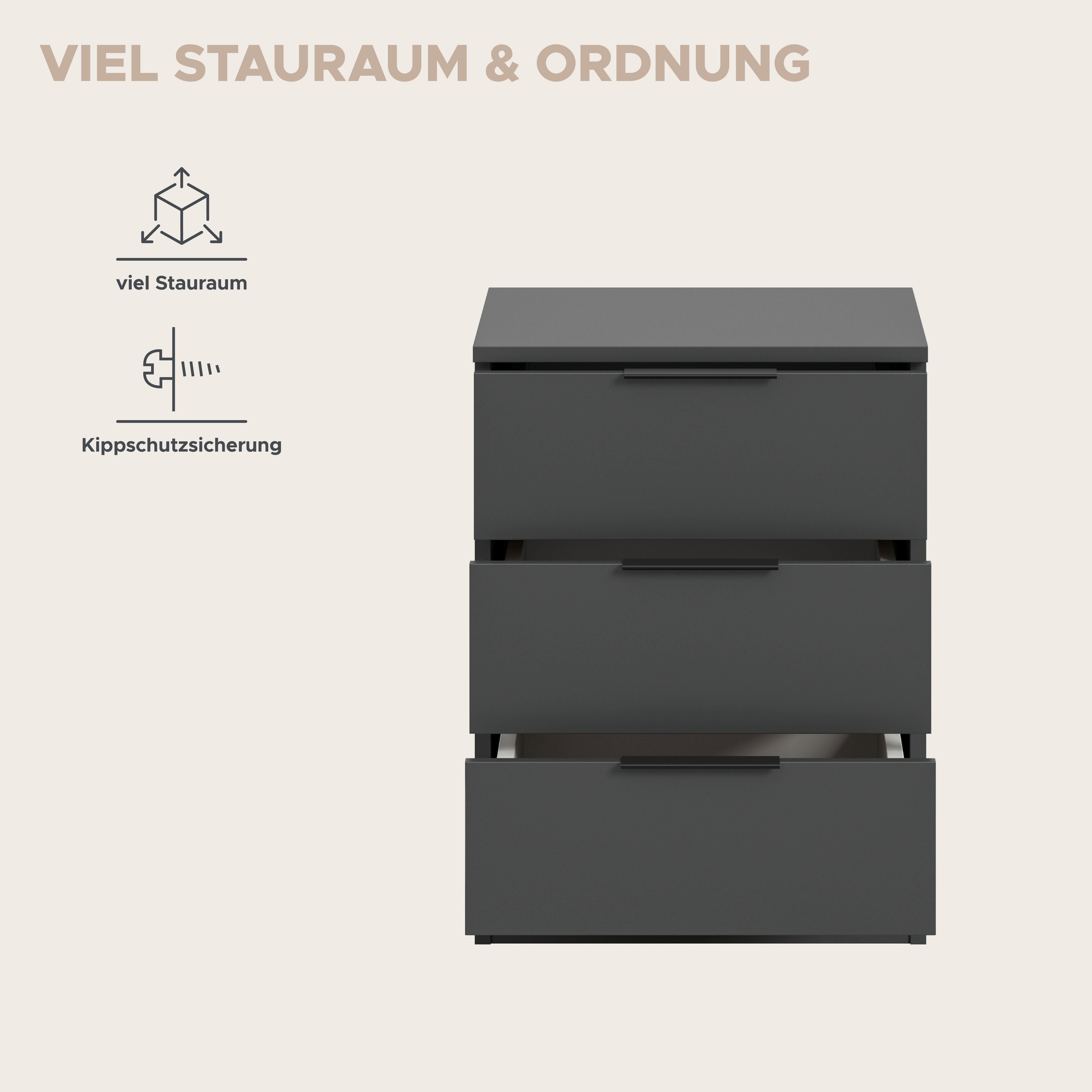 OTTO home Nachtkommode Skarde Nachttisch Beistelltisch Kommode, Breite: 45 cm (1 St), Skarde, Nachtkommode, 3 Schubkästen, anthrazit – Bild 4 von 5