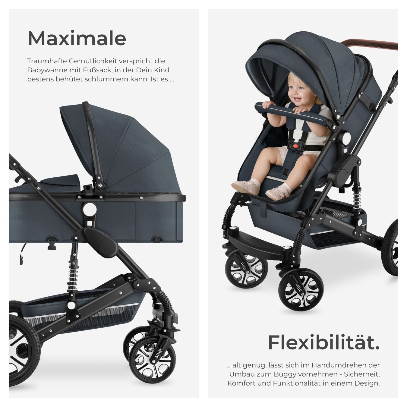 tectake Kombi-Kinderwagen Mats, klappbar, mit 5-Punkt-Gurt, Schutzbügel und Handschlaufe