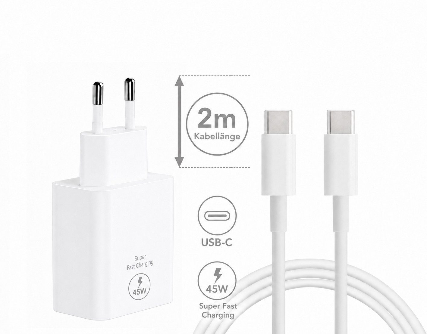 Ventarent 45W USB-C Ladegerät mit 2m Kabel für Samsung Galaxy S26 S25 S24 S23 USB-Ladegerät (3000 mA, Set, 2-tlg., Samsung Z Fold, Z Flip, Galaxy Tab, Google Pixel Serie, Schnellladegerät, Power Delivery, Samsung Galaxy, iPhone, Google Pixel)