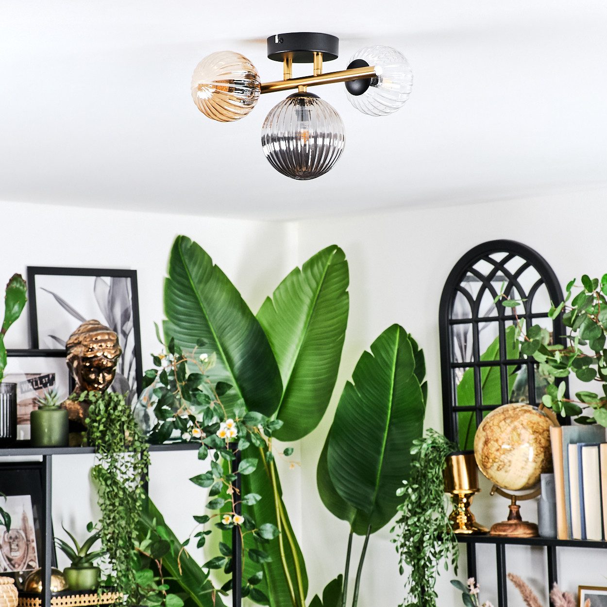 hofstein Deckenleuchte Deckenlampe aus Metall/Riffelglas in Schwarz/Gold/Rauch/Bernstein/Klar, ohne Leuchtmittel, Deckenleuchte im modernen Vintage-Design (Schirme Ø 10; 12 cm), 3 x G9