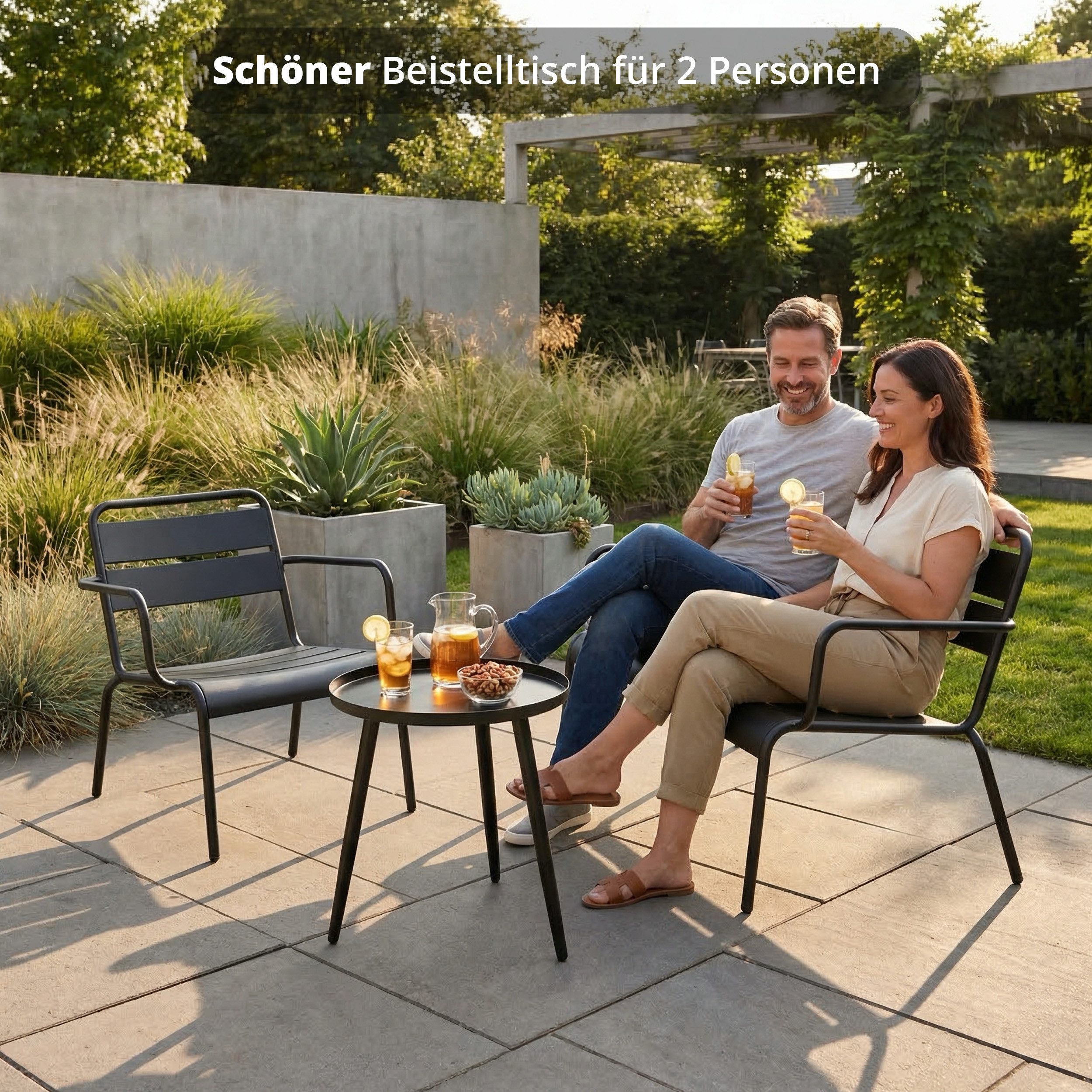 KHG Beistelltisch Garten-Beistelltisch Schwarz aus Stahl (runder Couchtisch mit Schüttrand 6 kg belastbar, wetterfest UV-beständig, 40x45x40 cm), mit Schüttrand