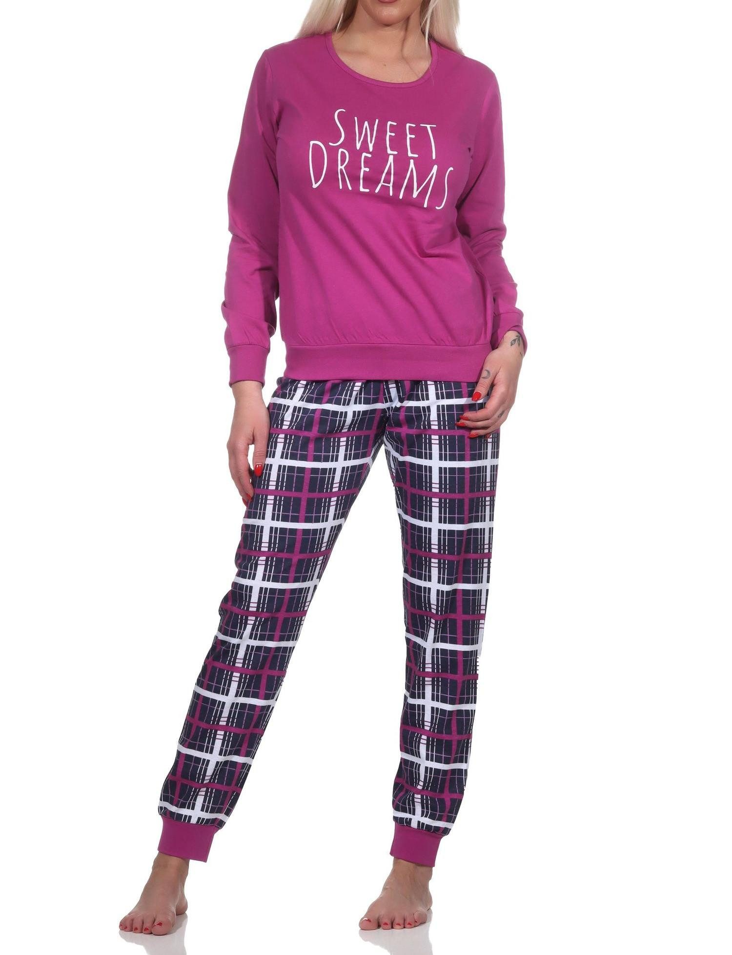 Normann Pyjama Normann Damen Schlafanzug mit Bündchen mit karierter Jersey Hose
