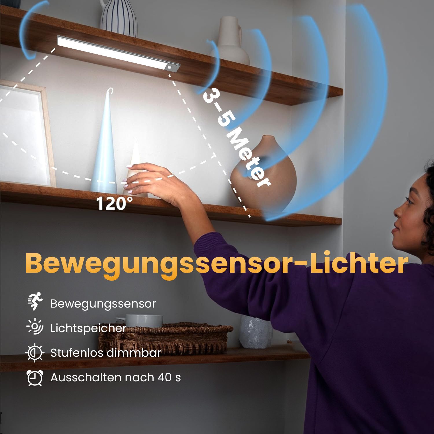 ANYSUN LED Unterbauleuchte Küche 400mm LED Schrankbeleuchtung mit Bewegungsmelder und Lichtsensor, ohne Kabel, 6000K Kaltweiß, SchrankLeuchte Schranklicht Licht – Bild 5 von 5