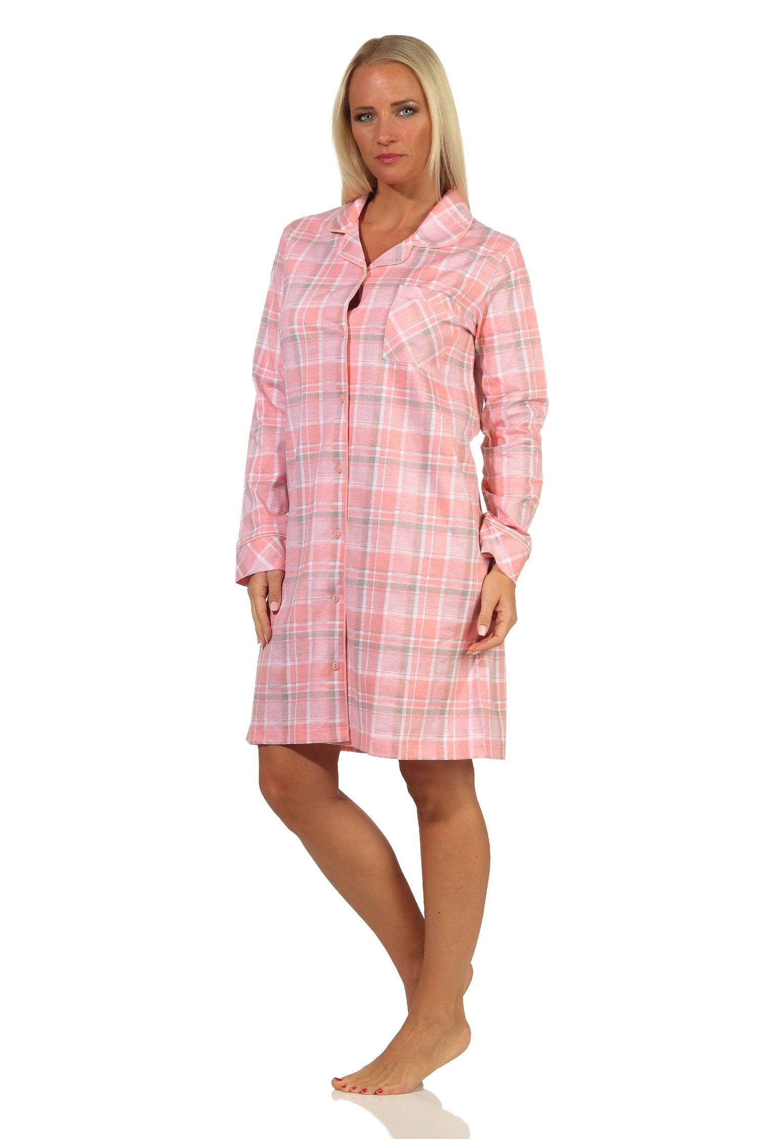 zum rosa Normann in in Jersey langarm Nachthemd knöpfen Damen Karopotik Qualität Nachthemd