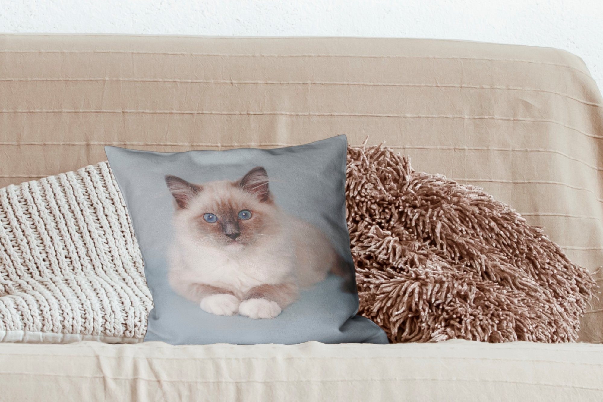 Dekokissen Deko, - Wohzimmer, Mädchen - Füllung Ragdoll - mit Jungen Sofakissen Kinder Katze - Blau für MuchoWow Kind, - Zierkissen Schlafzimmer, Katze -