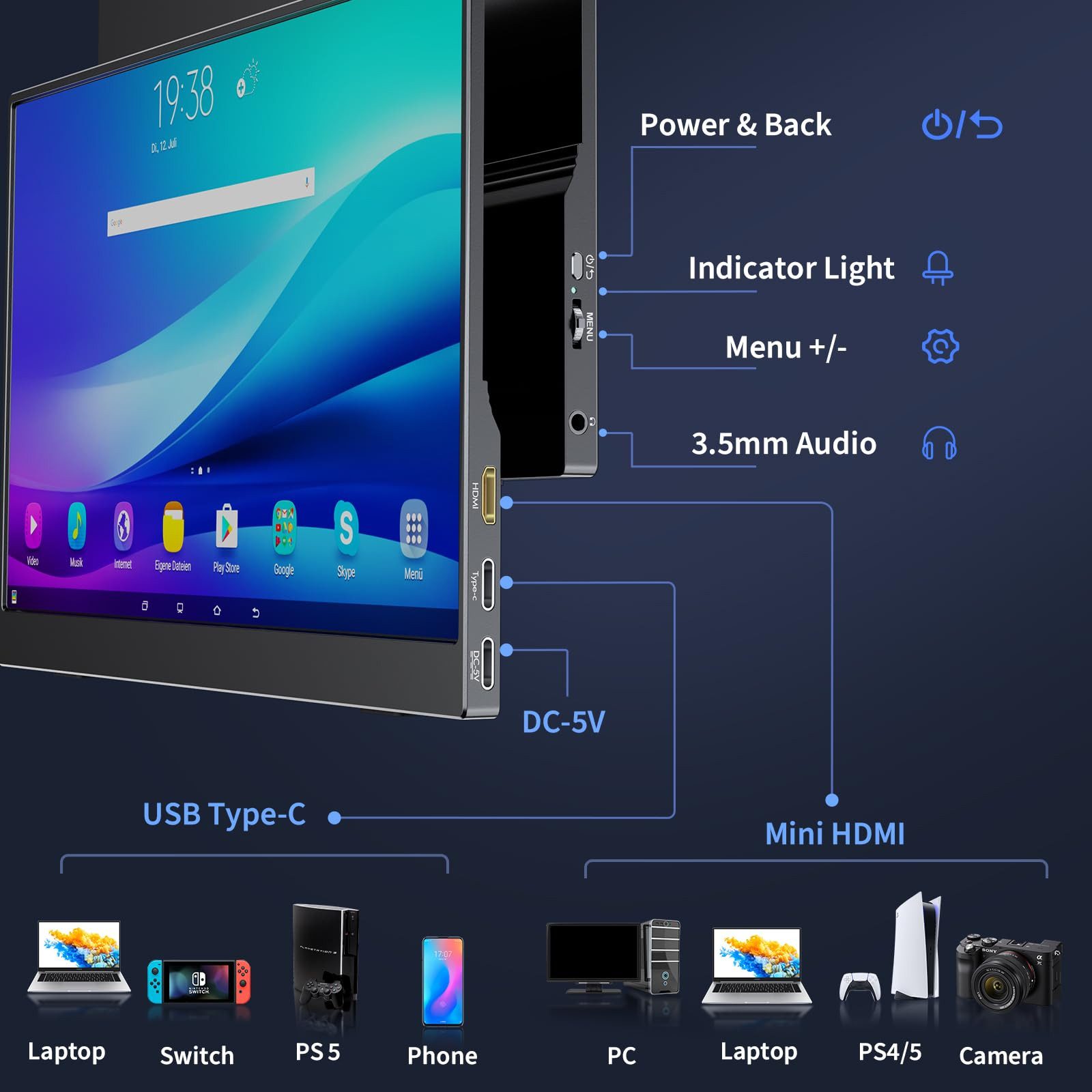 Bundviel Portable Monitor 15,6-Zoll tragbarer Monitor mit USB-C & HDMI, 1080P Portabler Monitor (40 cm/15.6 ", 1920 x 1080 px, FHD, 3 ms Reaktionszeit, 60 Hz) – Bild 3 von 5
