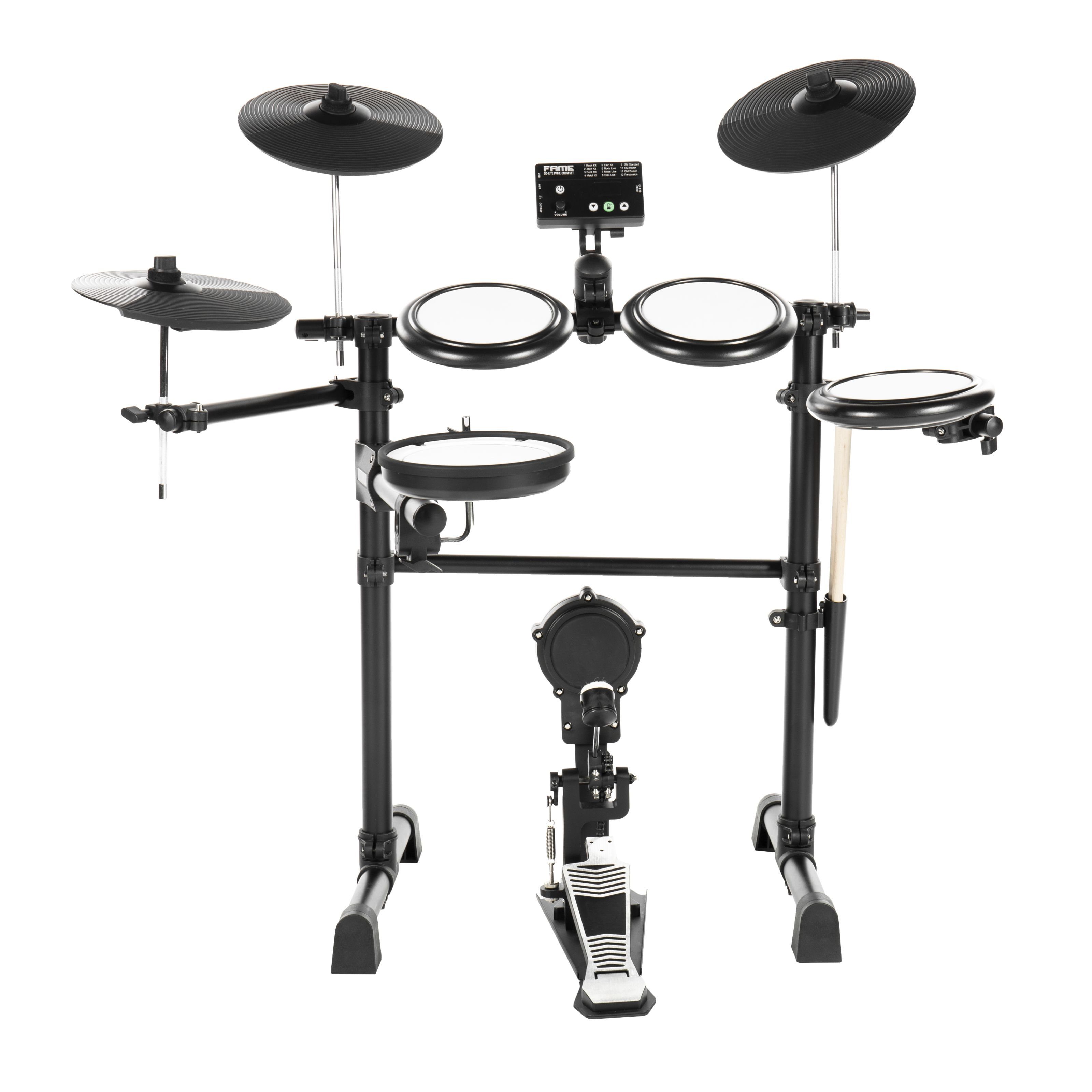 FAME E-Drum,DD-Lite Pro E-Drum Set, Elektronisches Schlagzeug-Set mit 144 Sounds, 12 Drumsets, Aux-Eingang, MIDI, Drumsticks, Drum Key, Mesh Heads, Kick-Pad, E-Schlagzeug, Schwarz, E-Drums, E-Drum Sets, E-Drum Set, Elektronisches Schlagzeug, Mesh Heads