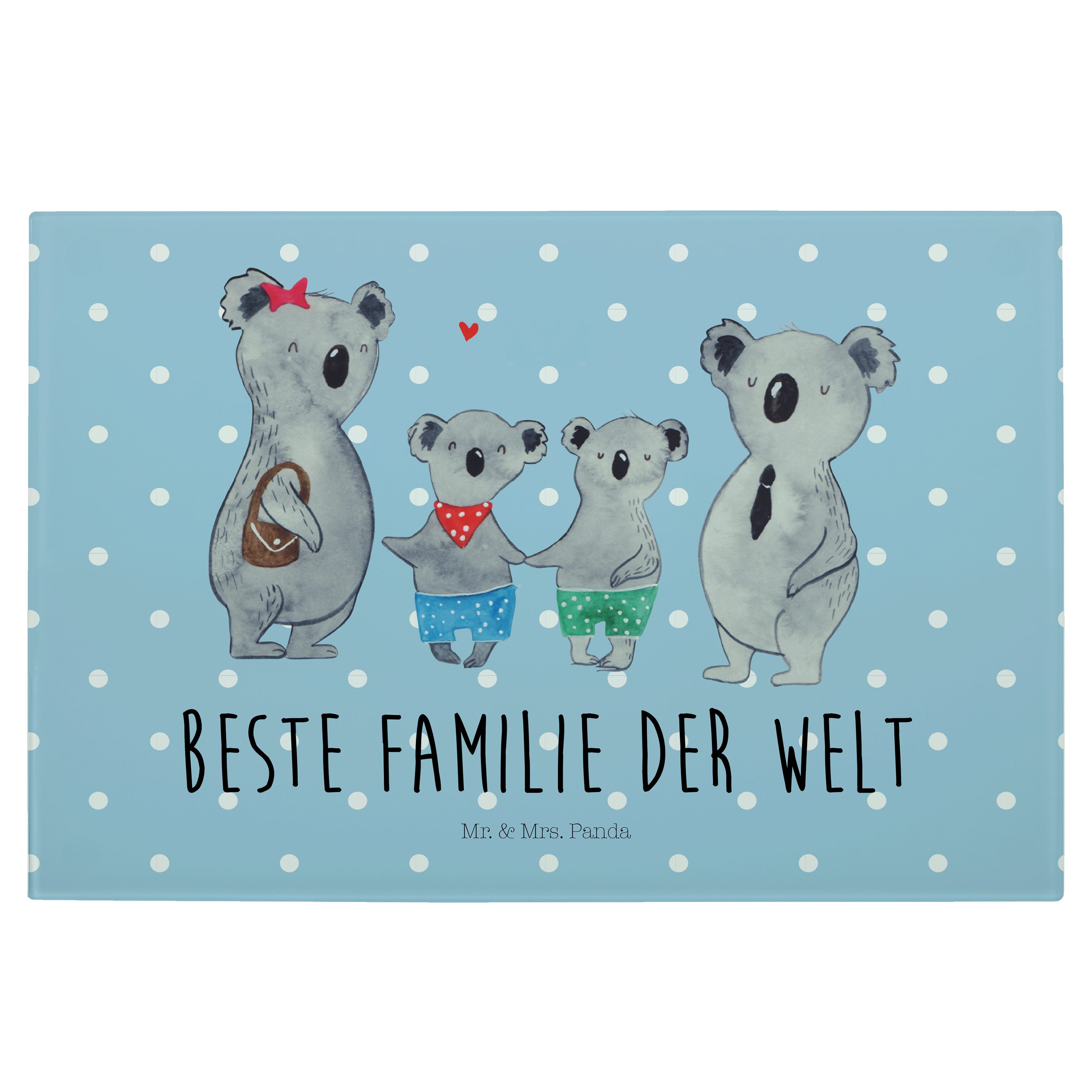 Mr. & Mrs. Panda Servierbrett Koala Familie zwei - Blau Pastell - Geschenk, beste Familie, Schweste, Premium Glas, (1-St)