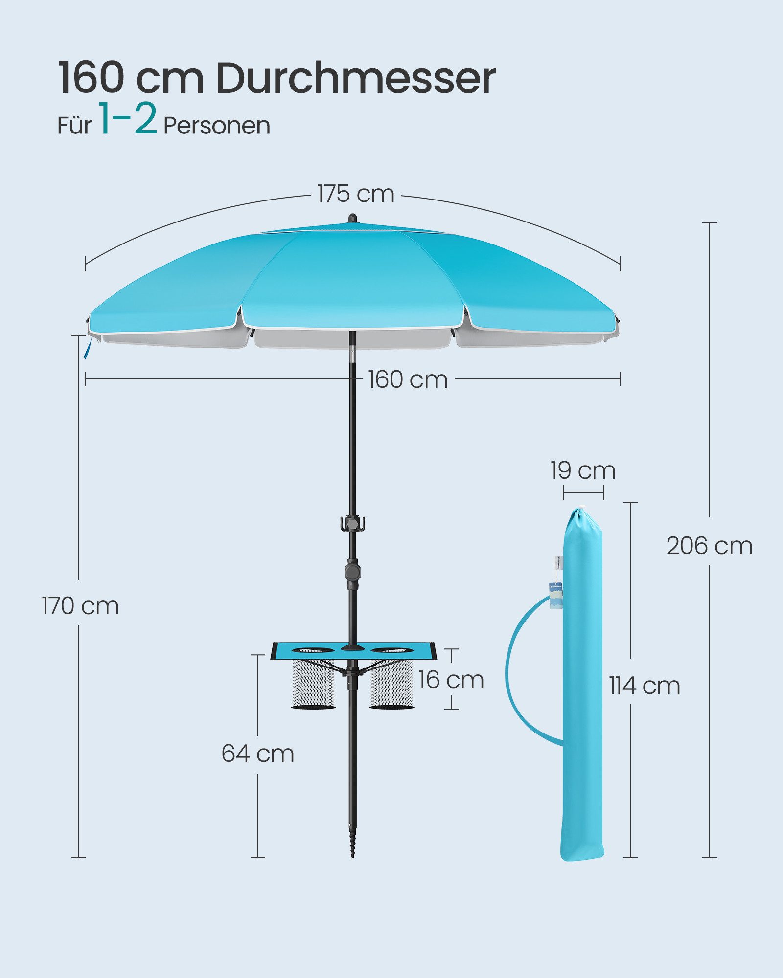 SONGMICS Sonnenschirm Strandschirm höhenverstellbar, ∅160 cm, Strandschirm, Sonnenschutz UPF 50+, Ablagefläche – Bild 5 von 5