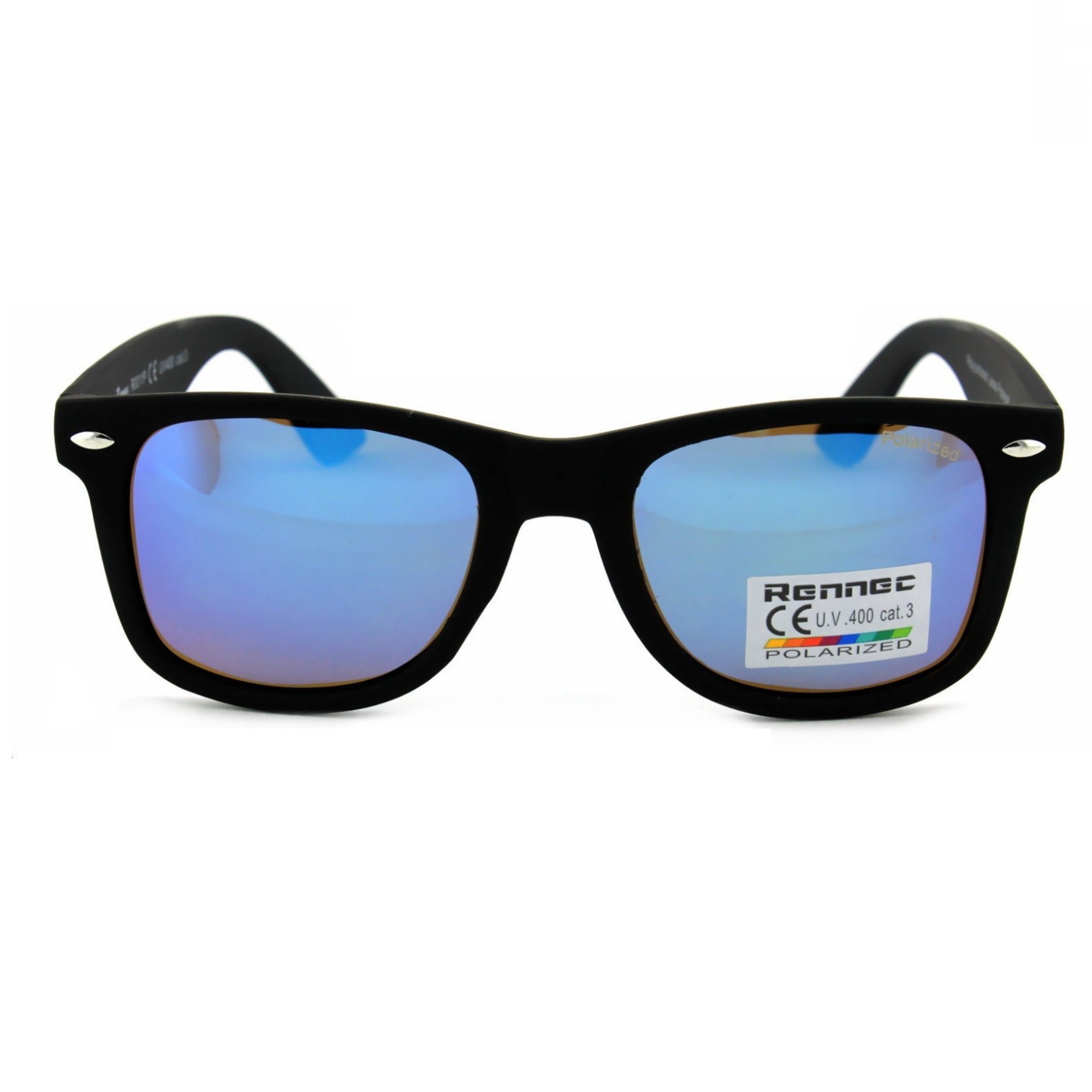 Rennec Sonnenbrille (Retro Sonnenbrille im Nerd Stil mit Polarisierten Gläsern) Polbrille Blau Verspiegelt mit schwimmfähigen Hardcase