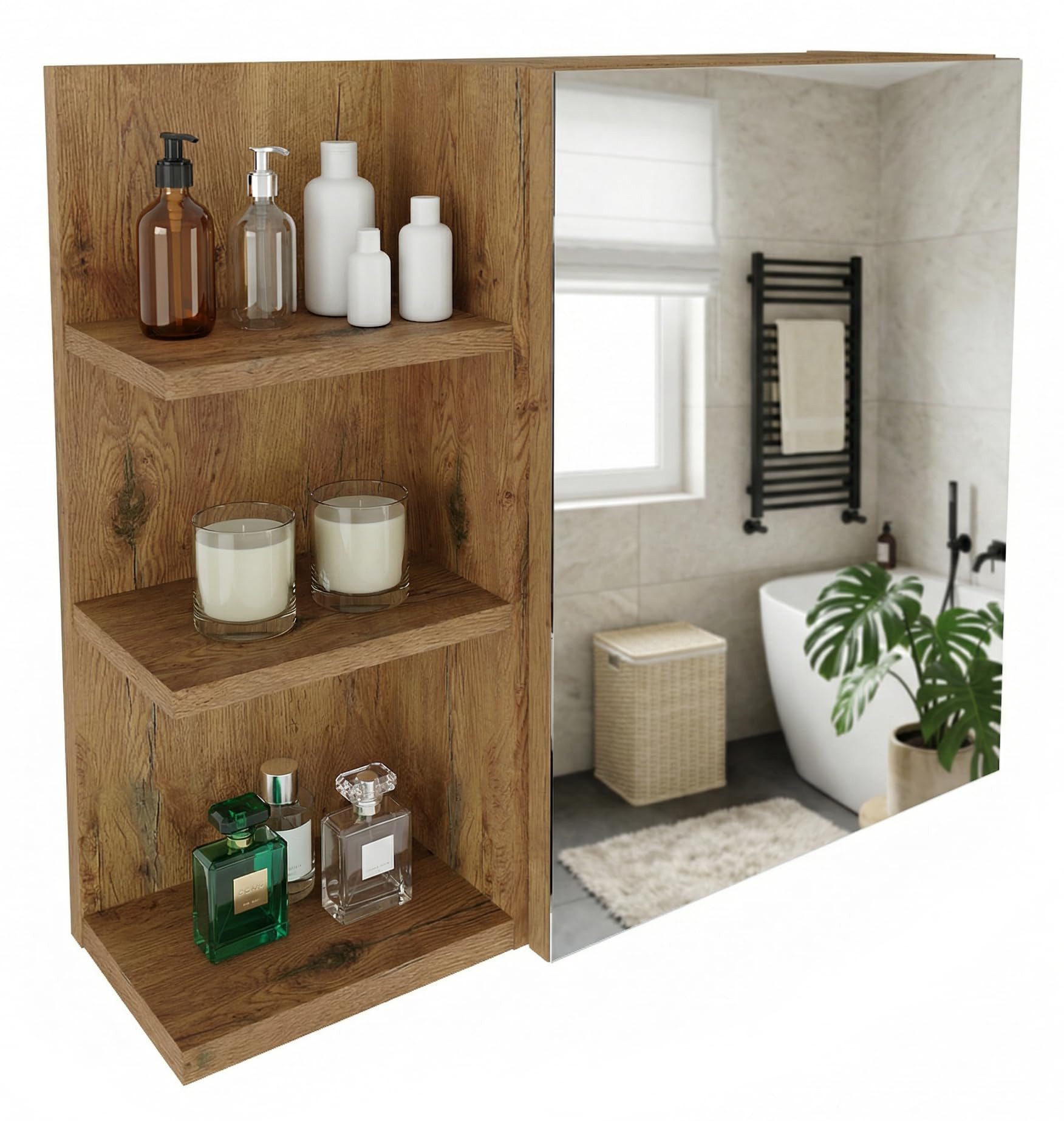 TREND WERK Spiegelschrank Badezimmer mit Ablage & Stauraum (59×16×50 cm Hängender Badezimmerschrank zur Wandmontage mit Regal) – modern & pflegeleicht