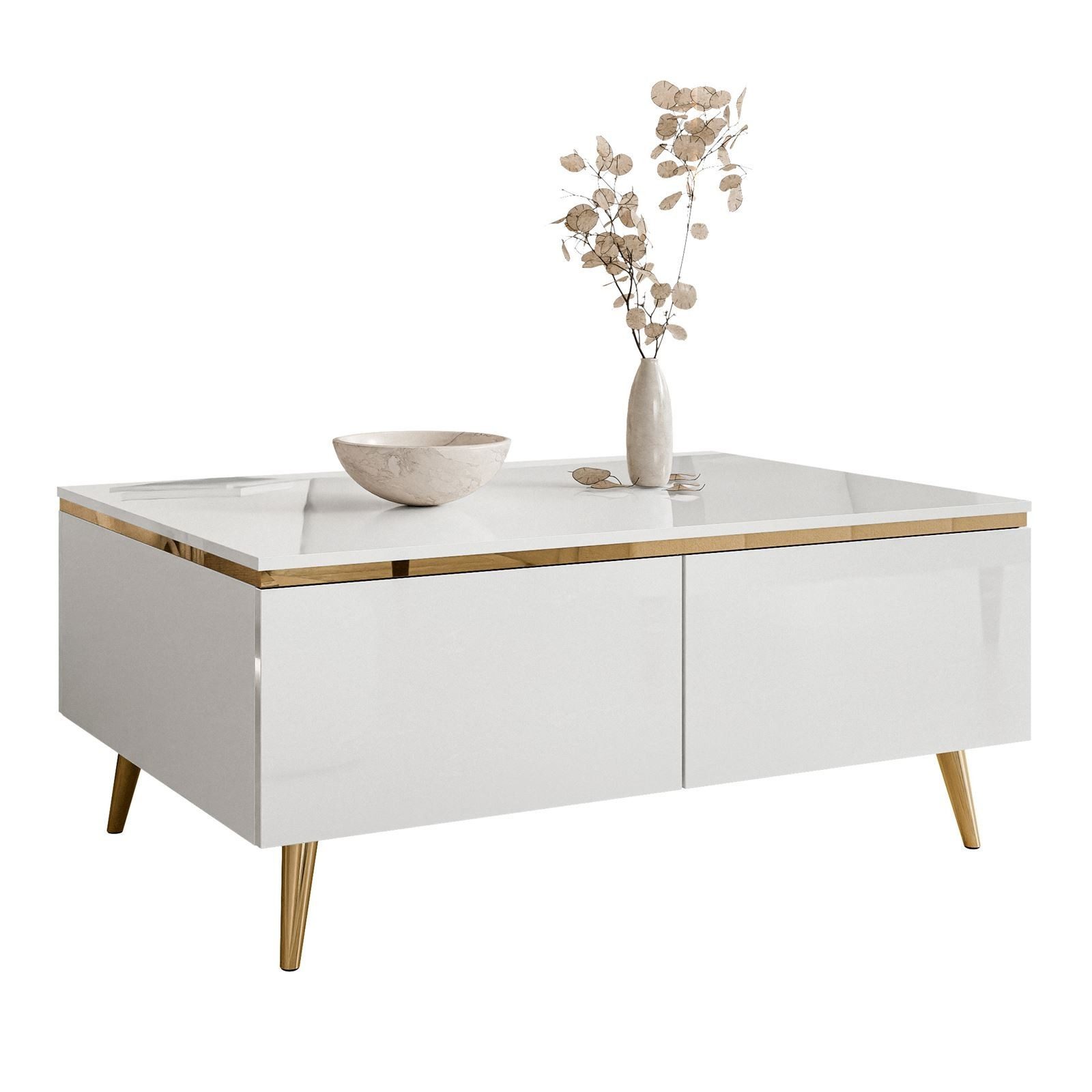 ALLHOUSE24 Couchtisch PEONY weiß Hochglanz Goldchrom Beine mit Stauraum Sofatisch BERLIN