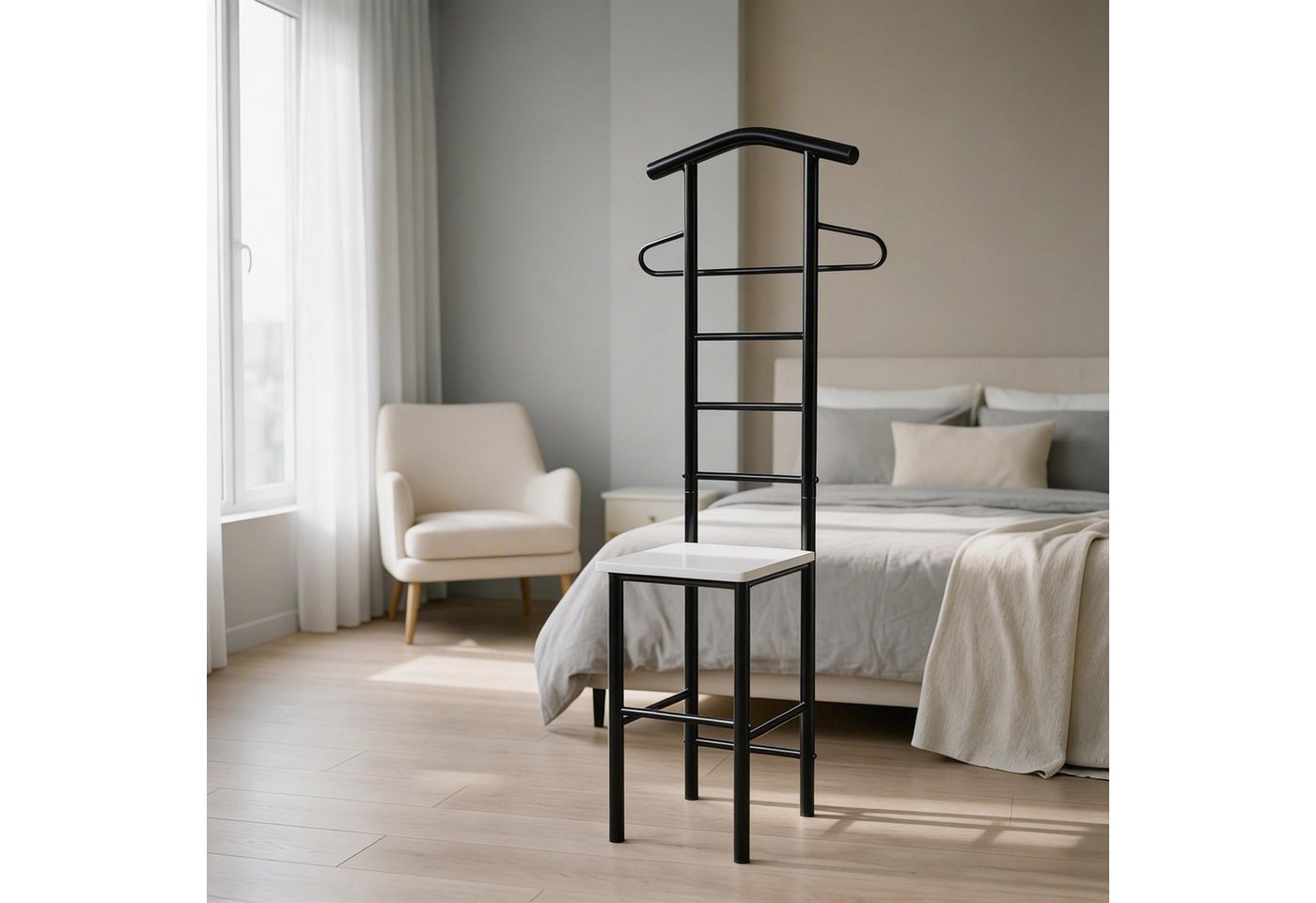 CARO-Möbel Herrendiener JIVO, Kleiderablage für Schlafzimmer Stuhl aus Metall & MDF Schwarz/Weiß