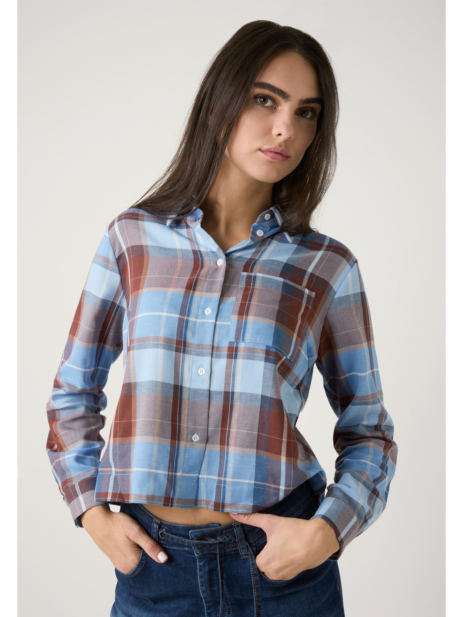 MORE&MORE Langarmbluse sportive Kurzbluse, kariert günstig online kaufen