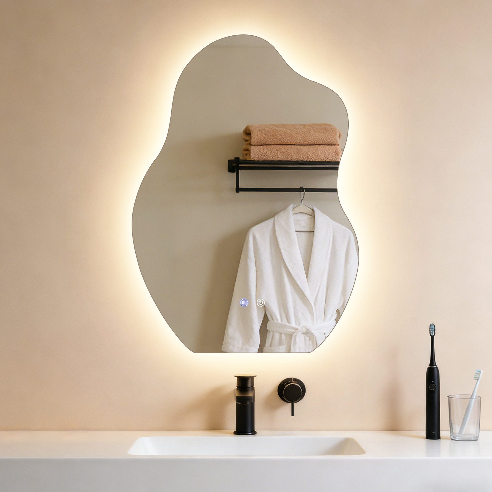Nettlife Badspiegel Beleuchtung Asymmetrisch Wandspiegel BadSchalter Entfogger-Funktion, LED Badezimmerspiegel3000K-6500K Licht Dimmbar