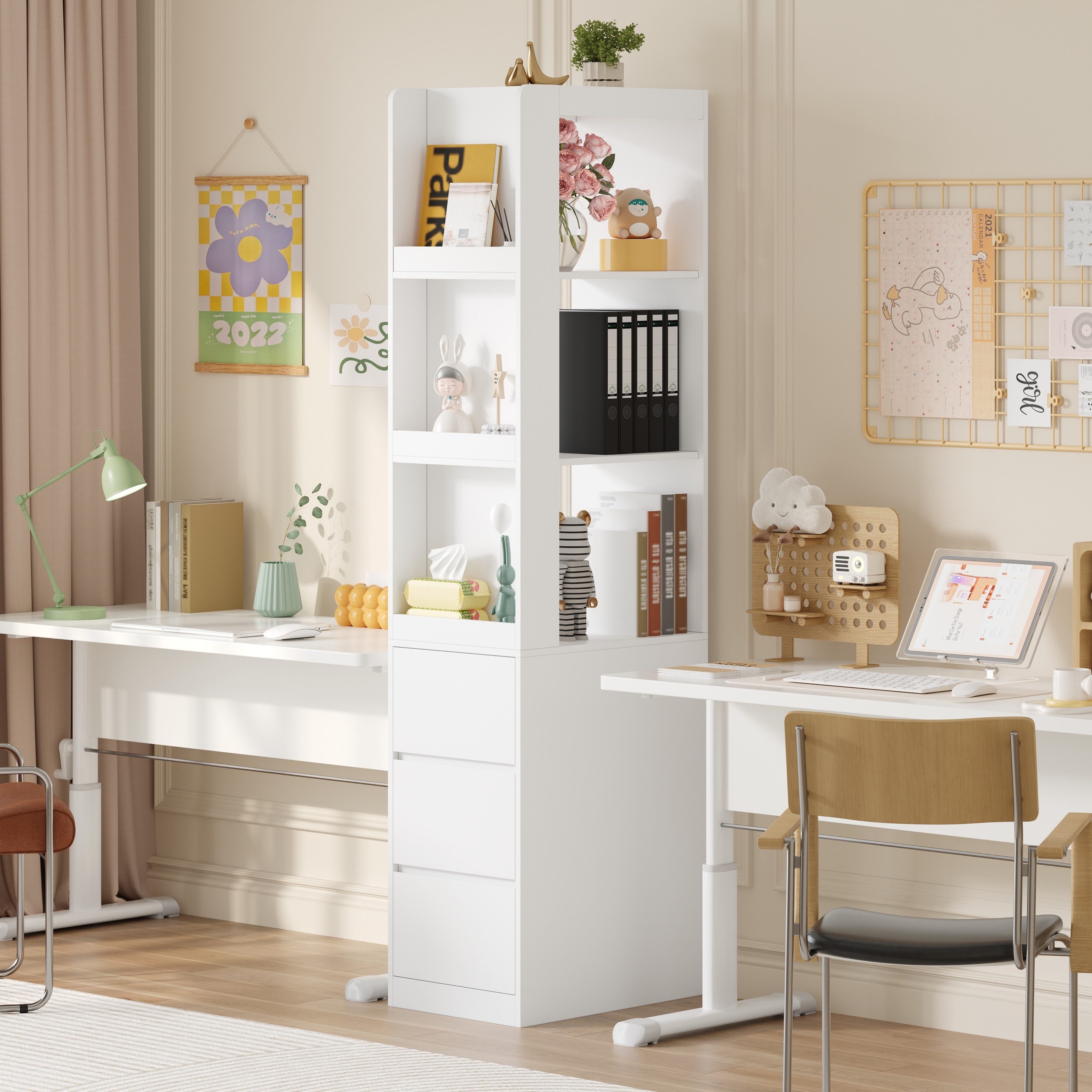 Flieks Eckschrank Bücherregal mit 3 seitlichen Schubladen und austauschbarer Ablagen (1-St., B40/T60/H200 cm) Standregal Mehrzweckschrank Eckregal Wohnzimmersch – Bild 2 von 5