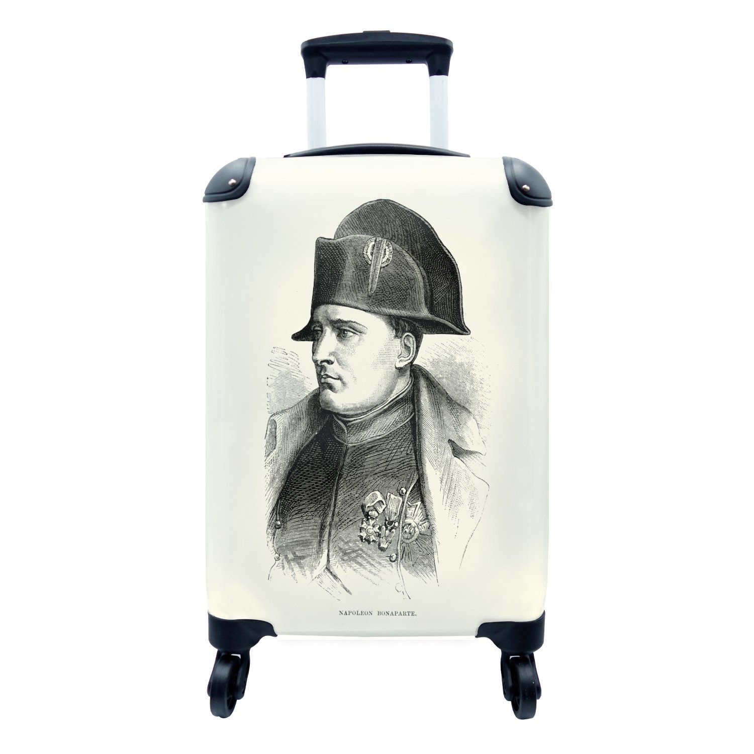 MuchoWow Handgepäckkoffer Illustration von Napoleon Bonaparte in schwarz-weiß, 4 Rollen, Reisetasche mit rollen, Handgepäck für Ferien, Trolley, Reisekoffer