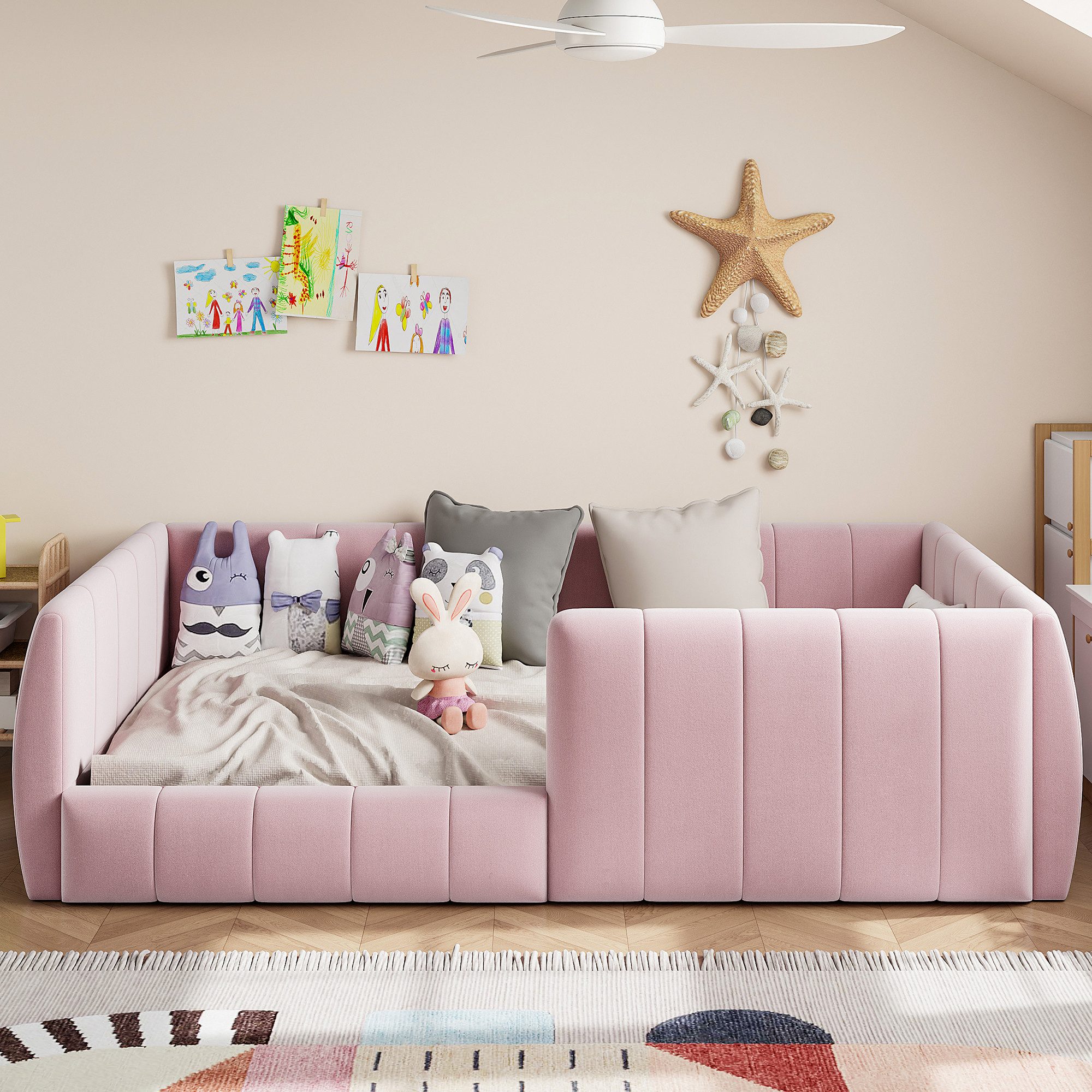 Flieks Polsterbett, Daybett Kinderbett Bodenbett 90x200cm mit Sicherheitsgeländer