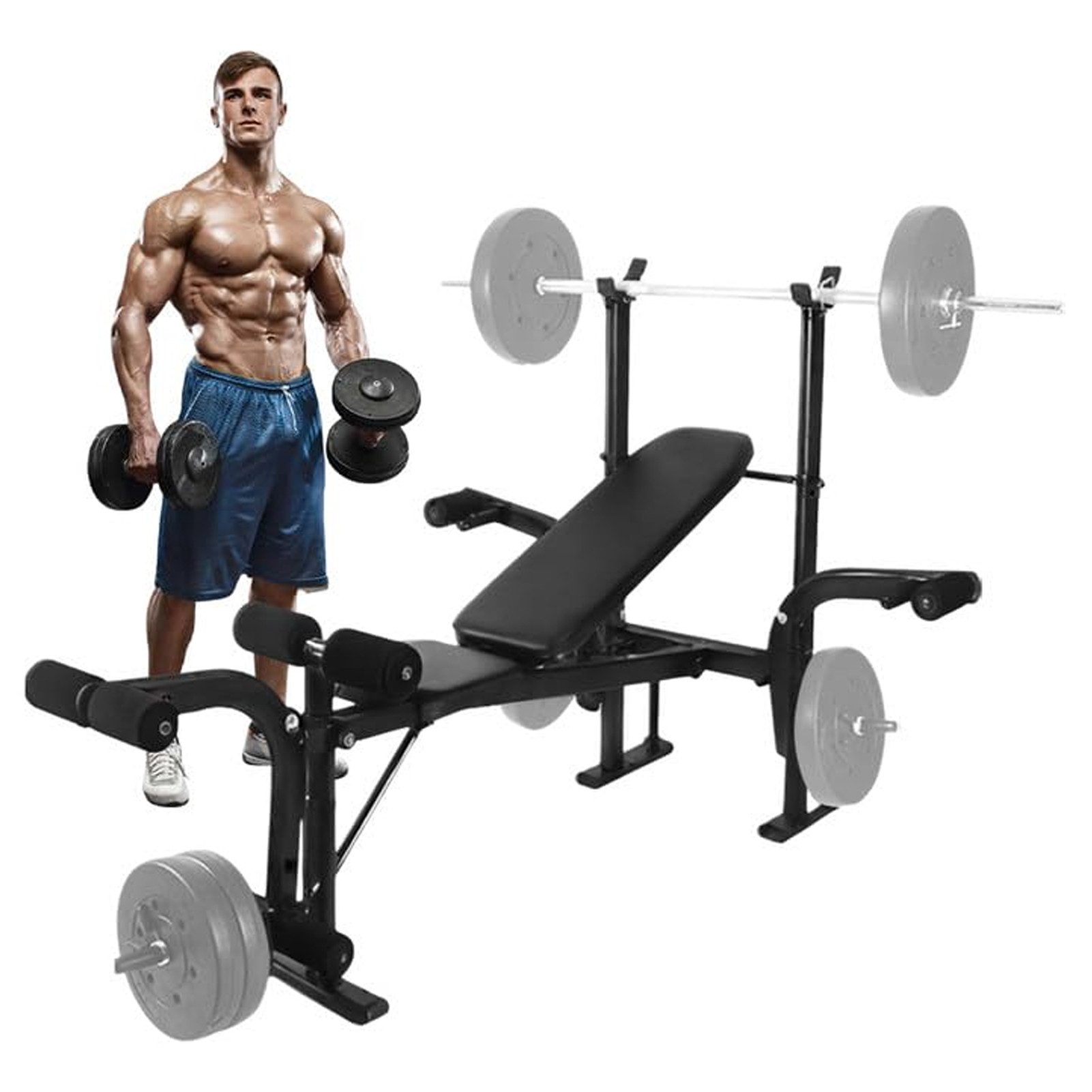 Rutaqian Hantelbank Faltbare Hantelbank Set mit Ablage, Dip-Station,Bis 200kg, Schwarz, (mit Langhantelablage, Bizepscurl-Polster, Krafttrainingsbank), Gewichtheberausrüstung für das Heim-Fitnessstudio,Ganzkörper-Training