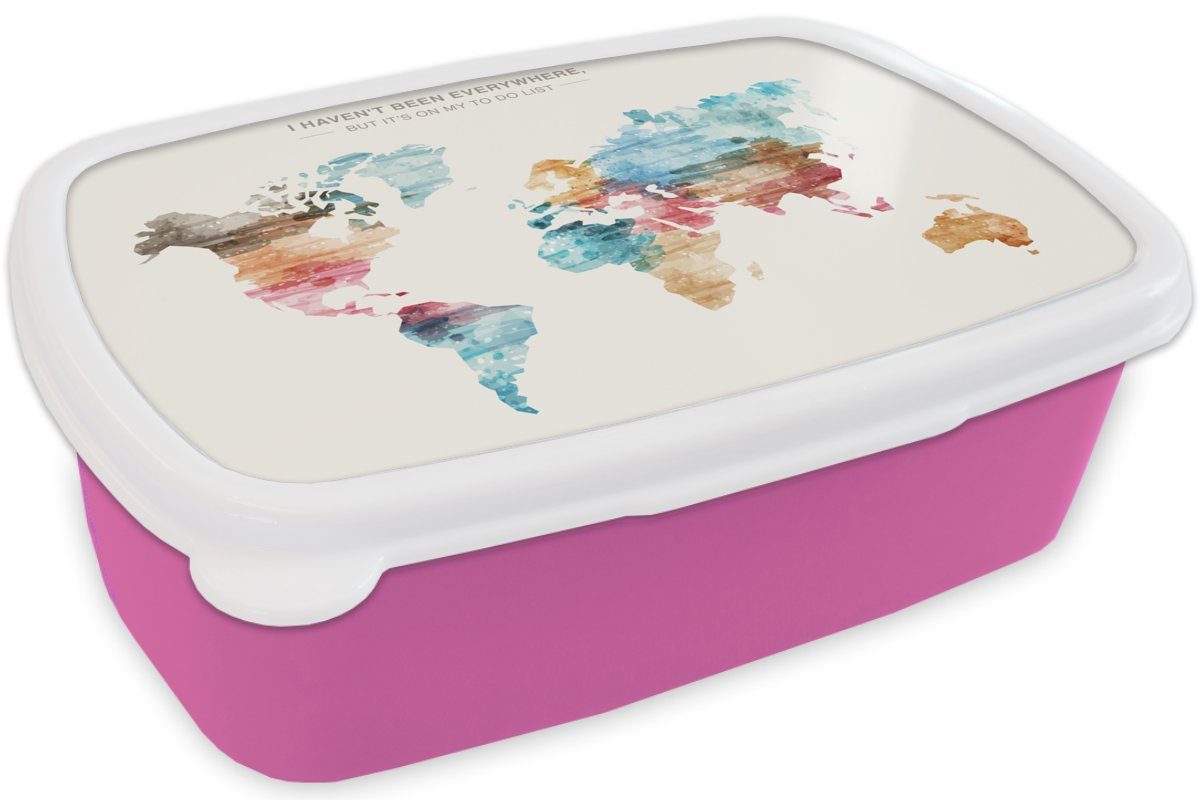 für Kinder Brotdose Kunststoff Aquarell Snackbox, Weltkarte Brotbox - - Bucket, - - Kinder, MuchoWow Jungen rosa Erwachsene, Mädchen Zitate Lunchbox (2-tlg), Mädchen, - Kunststoff, -