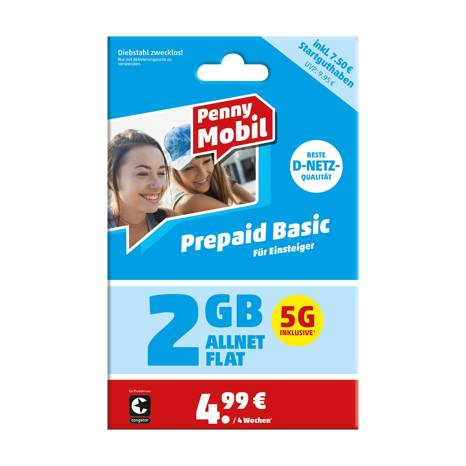 Penny Mobil Prepaid Basic Simkarte mit 7,50 € Startguthaben Prepaidkarte, (EU-Roaming inkl. Schweiz)