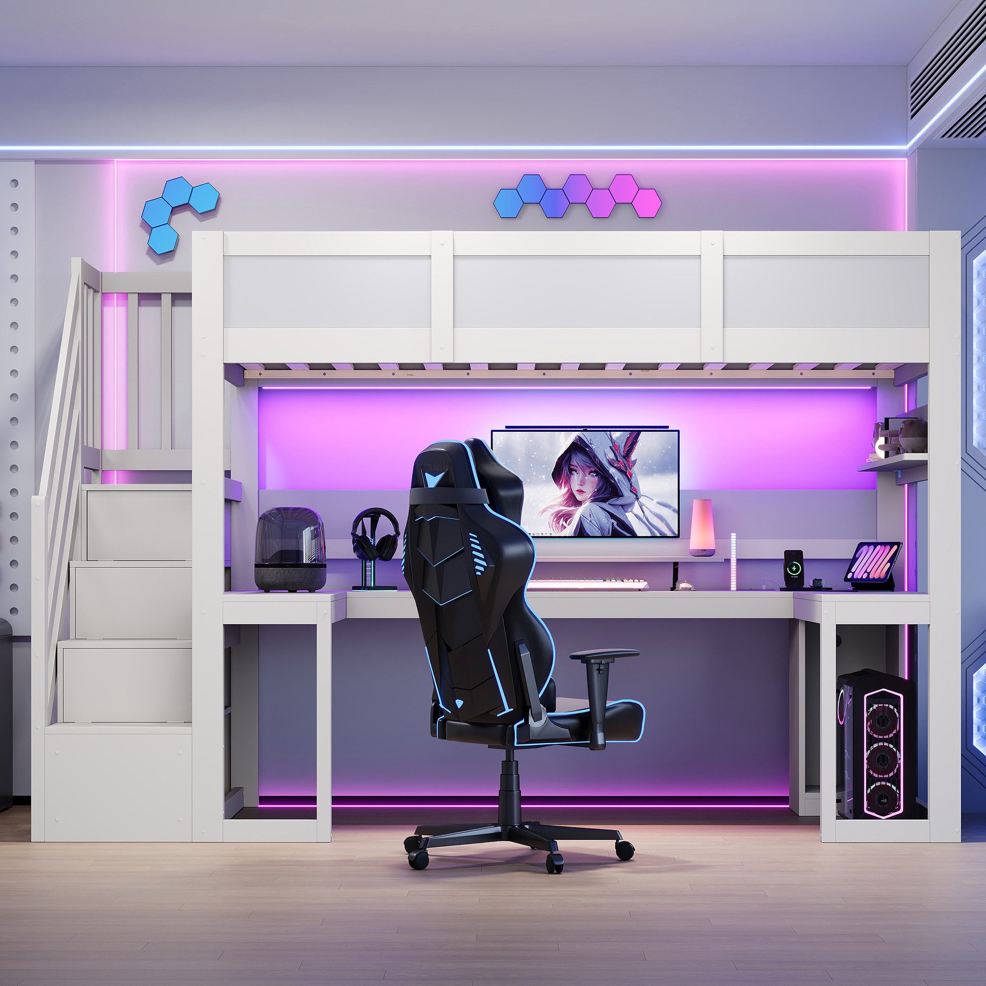Flieks Hochbett Gamingbett 90x200cm mit Schreibtisch, Stauraumtreppe, LED & Aufladen – Bild 3 von 5