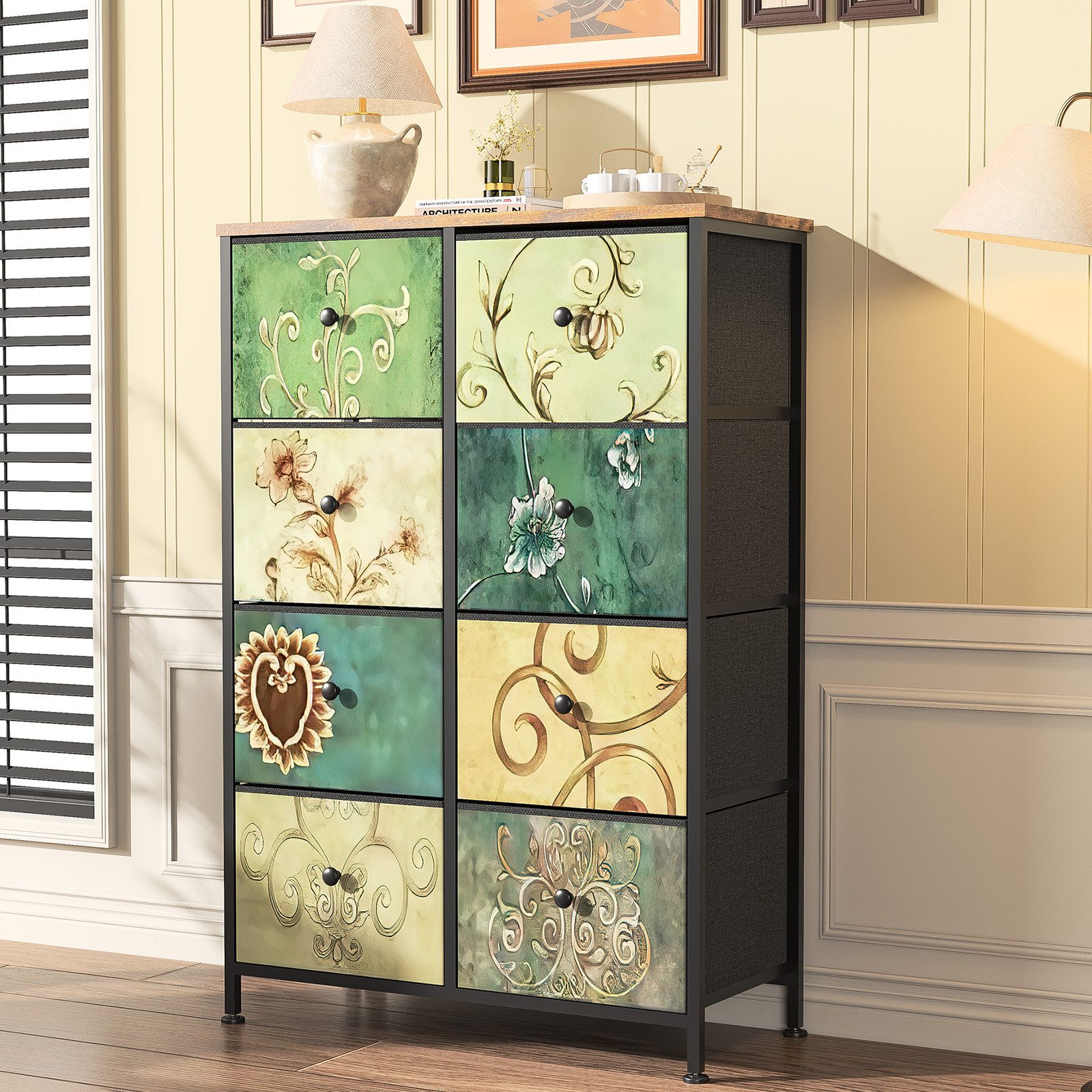 zebery Kommode Schrank Schubladenkommode (Set, 1 St., Stahl, MDF, Vliesstoff,Blumenmuster,Sideboard), 55.2 x 100 x 30 cm