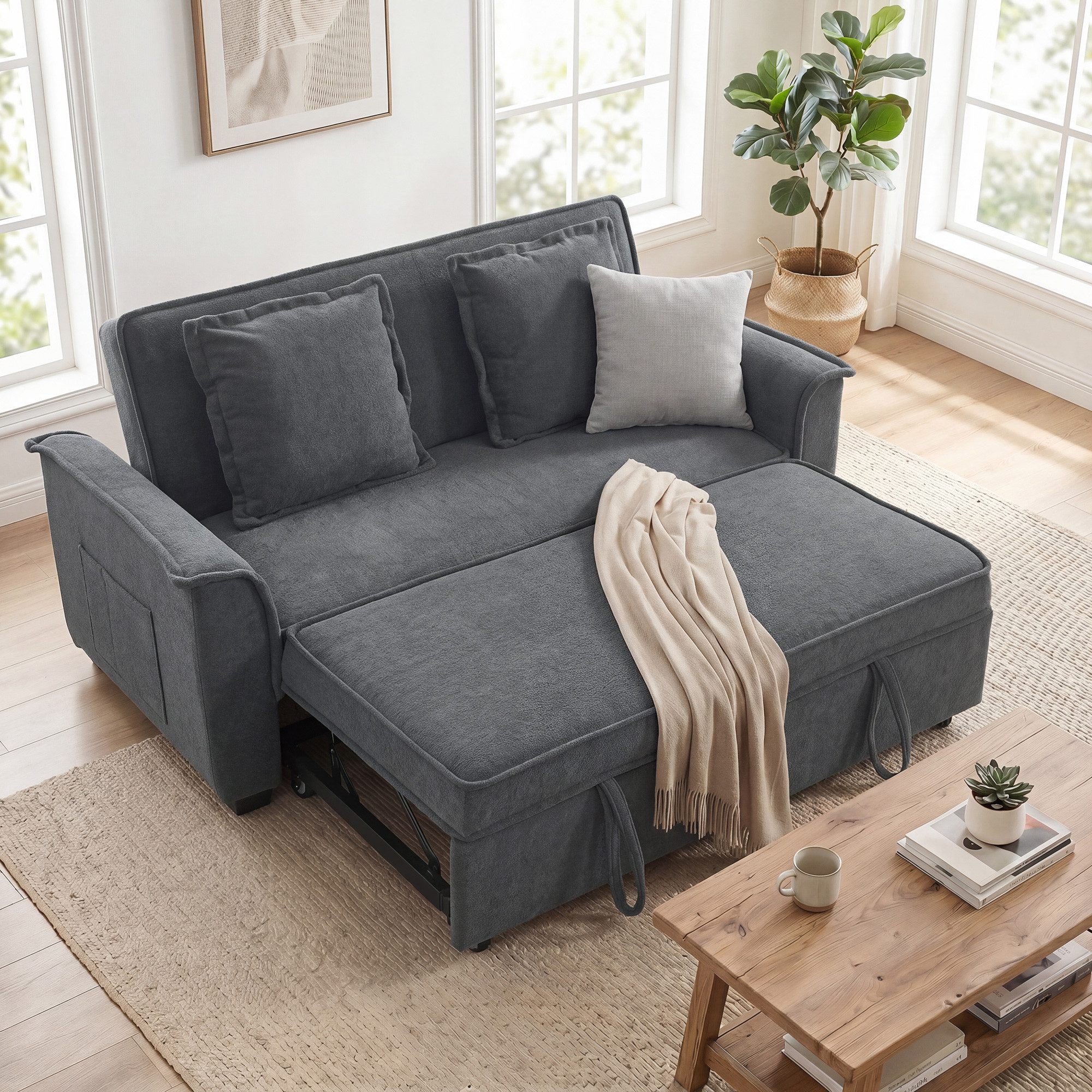 HOMCOM Schlafsofa 3-in-1 Schlafcouch mit Verstellbarer Rückenlehne, Seitentaschen, Set 1 Teile, für Wohnzimmer, Dunkelgrau