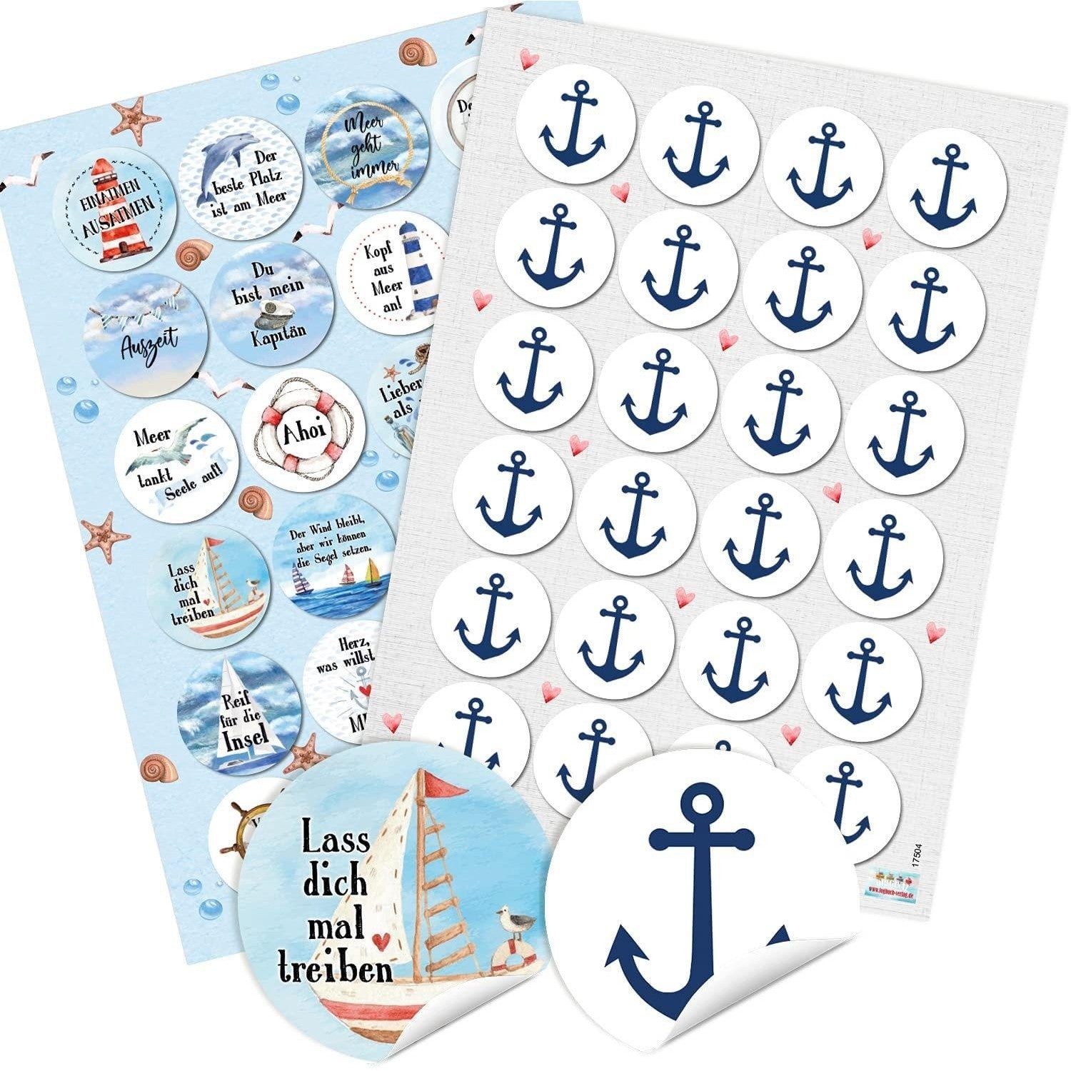Logbuch-Verlag Aufkleber Sticker SET 24 maritime Sprüche Aufkleber + 24 Anker Aufkleber 4 cm