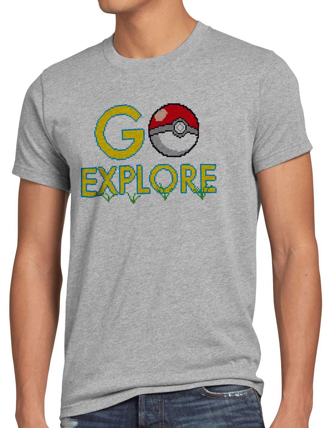 style3 Print-Shirt Herren T-Shirt Go Explore poke game app team pokeball pikachu pokespot arena boy grau meliert