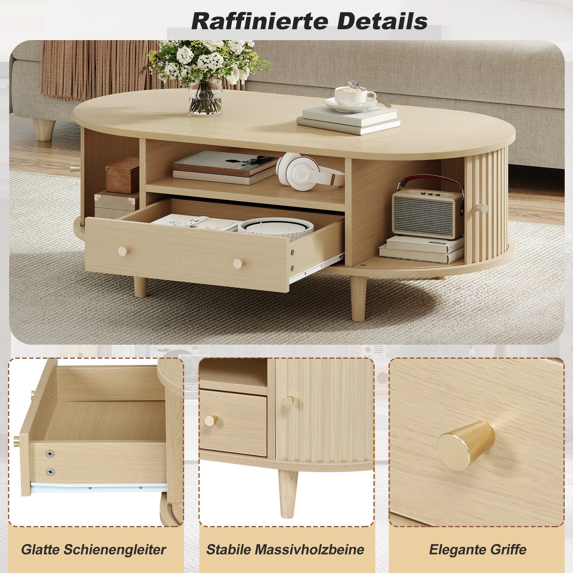 Merax Couchtisch Ovaler Kaffeetisch Sofatisch Beistelltisch (1-St), Wohnzimmertisch mit Schublade,Rolltüren & offenem Stauraum,100x50x36cm – Bild 5 von 5