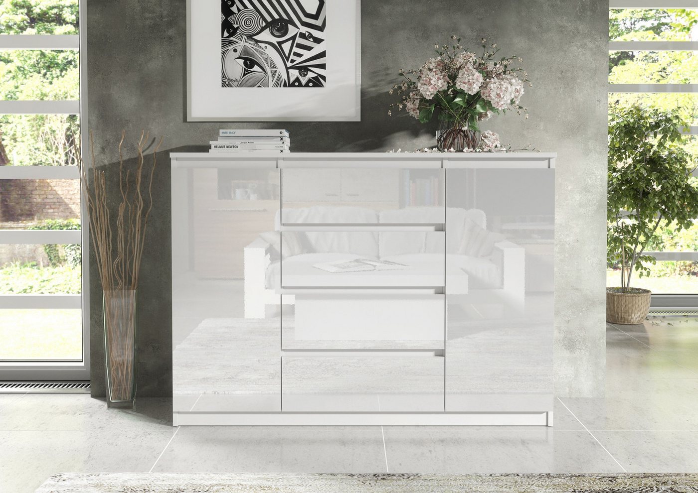Raumhirsch Furniture Kommode, Sideboard, Kommode für das Schlafzimmer - Wohnzimmer (Maße: 120 × 39 × 101,5 cm, 2 Türen, 4 Schubladen, Rollenschienen), viele Farbvarianten - Hochwertig & stabil