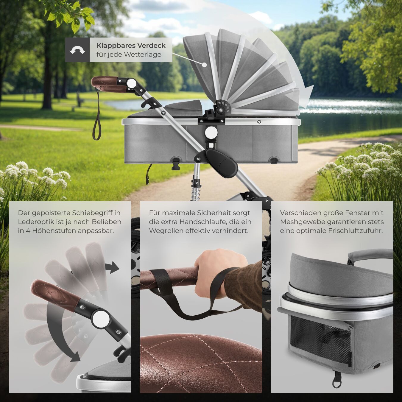 tectake Kombi-Kinderwagen 2-in-1 Kinderwagen, 0–36 Monate, bis 15 kg, klappbar, 5-Punkt-Gurt, (Babywagen Mats), Alurahmen, Bremse, Schutzbügel, Verdeck, Fußsack – Bild 4 von 5