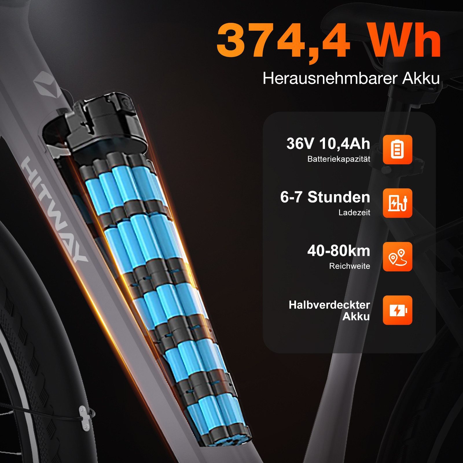 HITWAY E-Bike Cityrad 700C Elektrofahrrad max. bis zu 80km mit Diebstahlschutz-GPS, 1 Gang, Kettenschaltung, Heckmotor, 374,4 Wh, StVZO E-Citybike, Pedelec mit Drehmomentsensor, APP