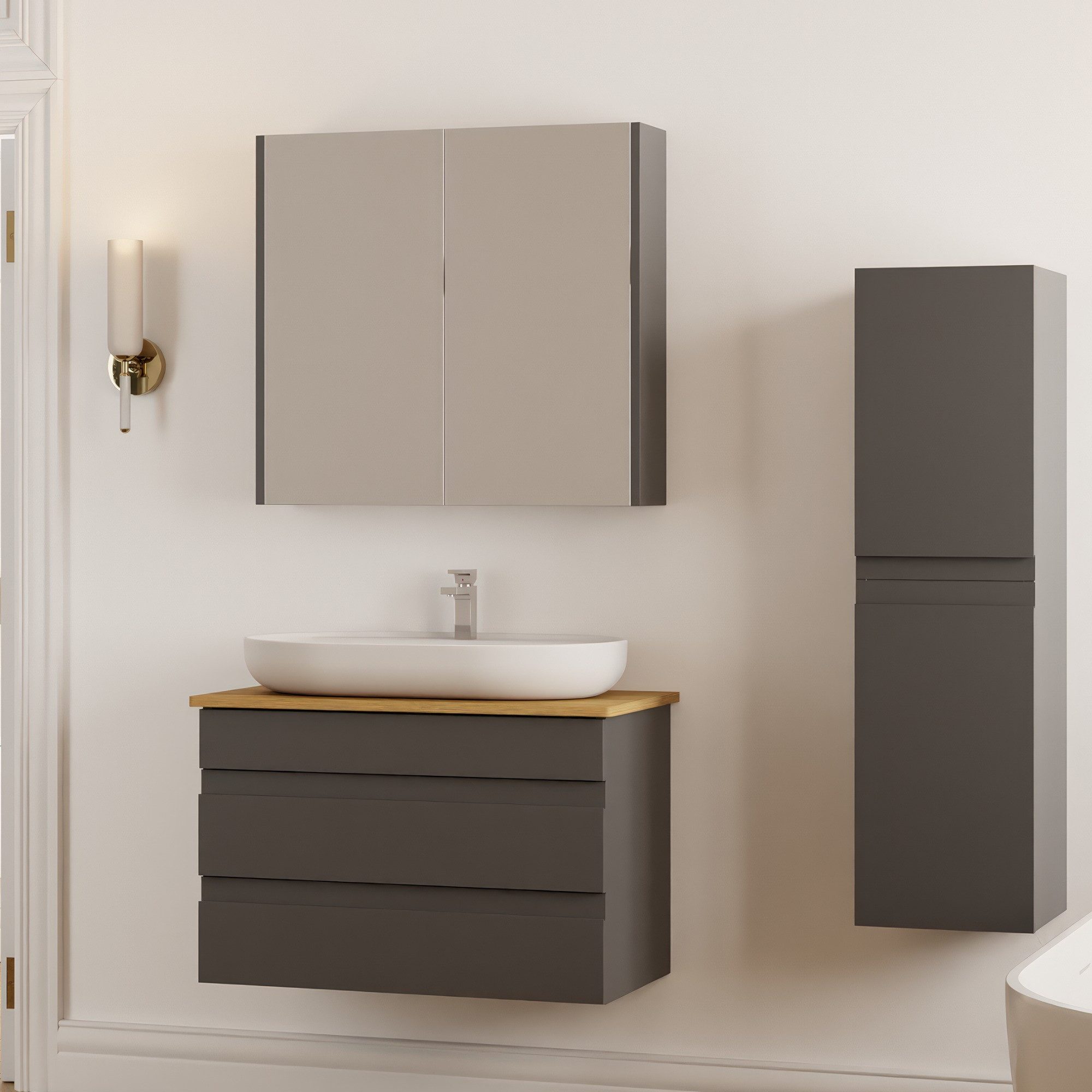 Karen Badmöbel-Set Badmöbel Set Lara Konsole, (Komplett-Set, Standartmäßig 4-Teilig (Unterschrank, Konsole, Waschbecken, Spiegelschrank), 4-St., Unterschrank mit Schubladen, Spiegelschrank mit Türen & Regalen), Minimalistisches Design, Matt-Beschichtung, Softclose, Griffleisten