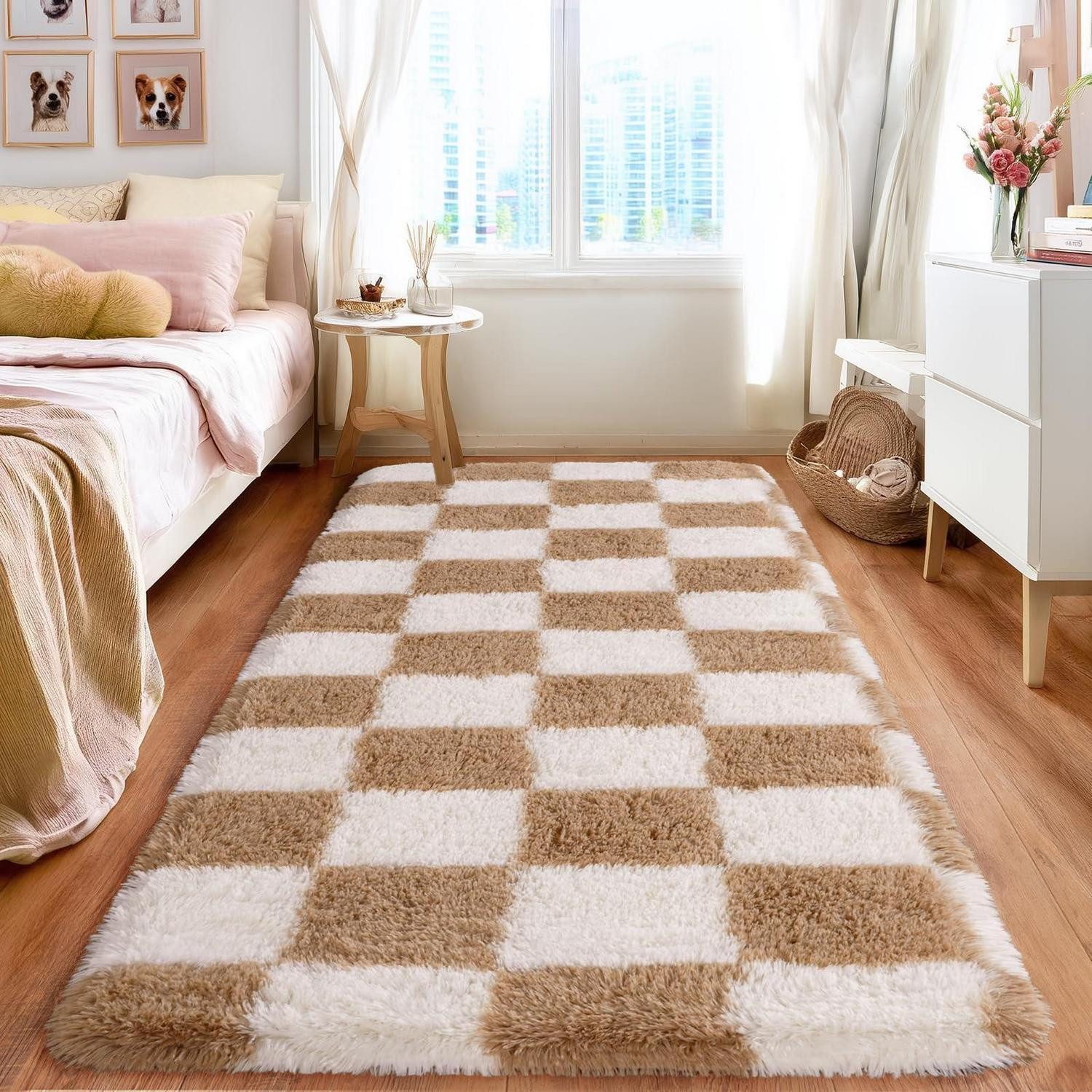 LuxusKollektion Hochflor-Teppich Hochflor Teppich Kariert 80x150 Creme/Braun, rechteckig, Höhe: 43 mm