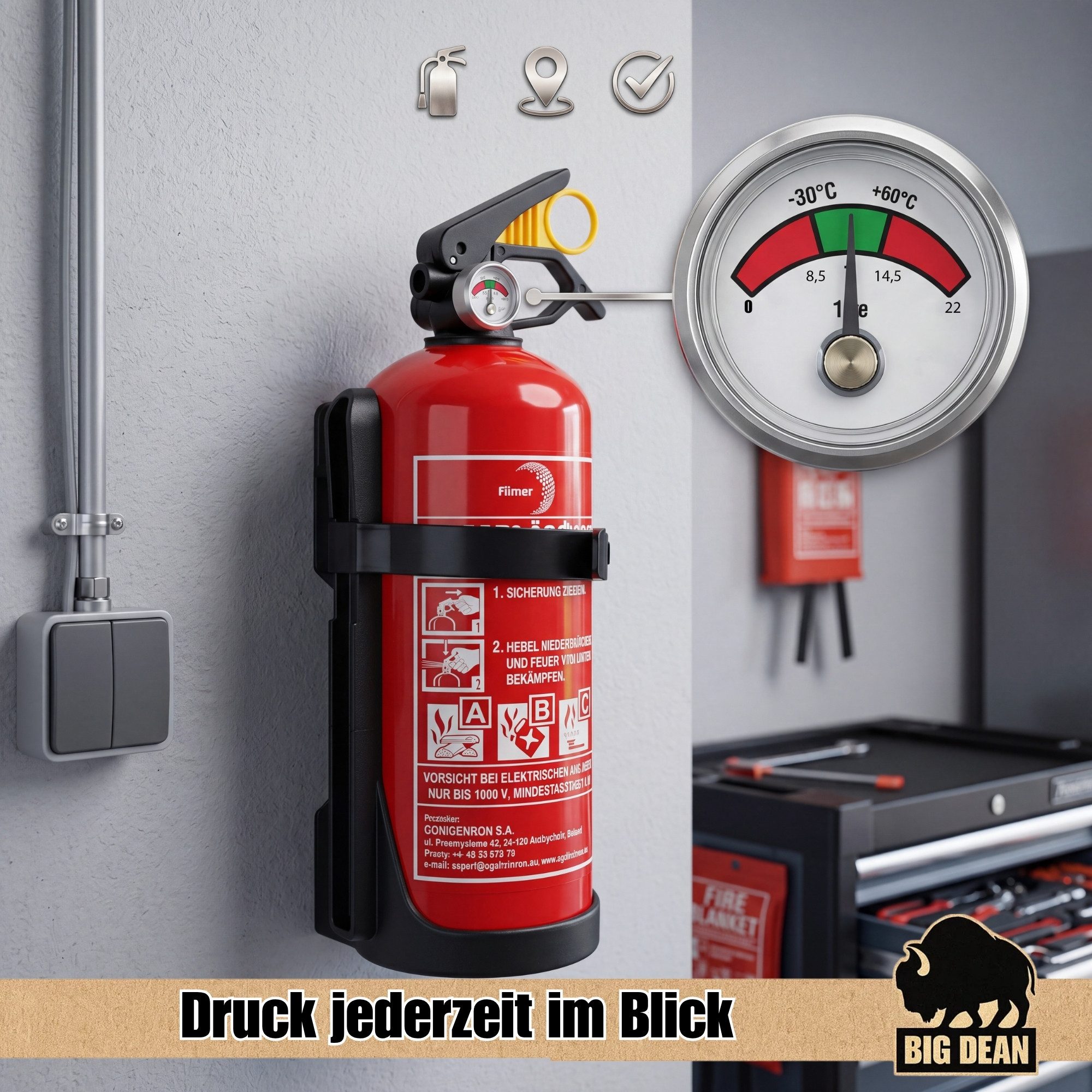 BigDean Pulver-Feuerlöscher mit Halterung Manometer Auto Boot Europa, Löschpulver, (2-St) 2 x Feuerlöscher, Geeignet für Brandklassen A, B, C – Bild 4 von 5